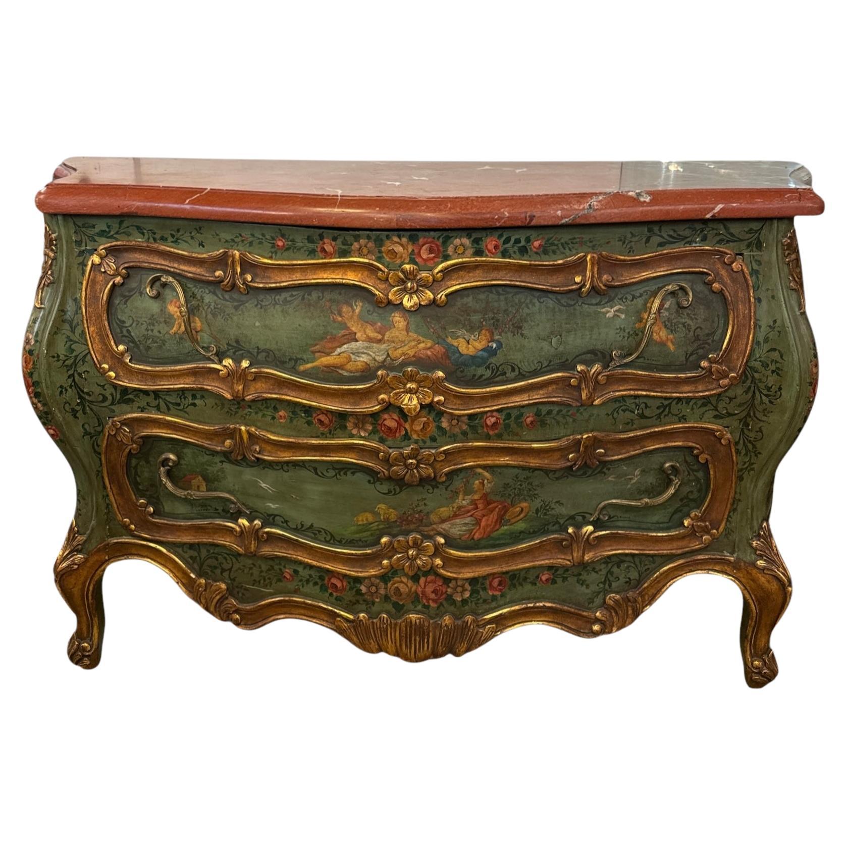 Commode con piano in marmo in stile rococò dipinto veneziano della fine del XIX secolo
