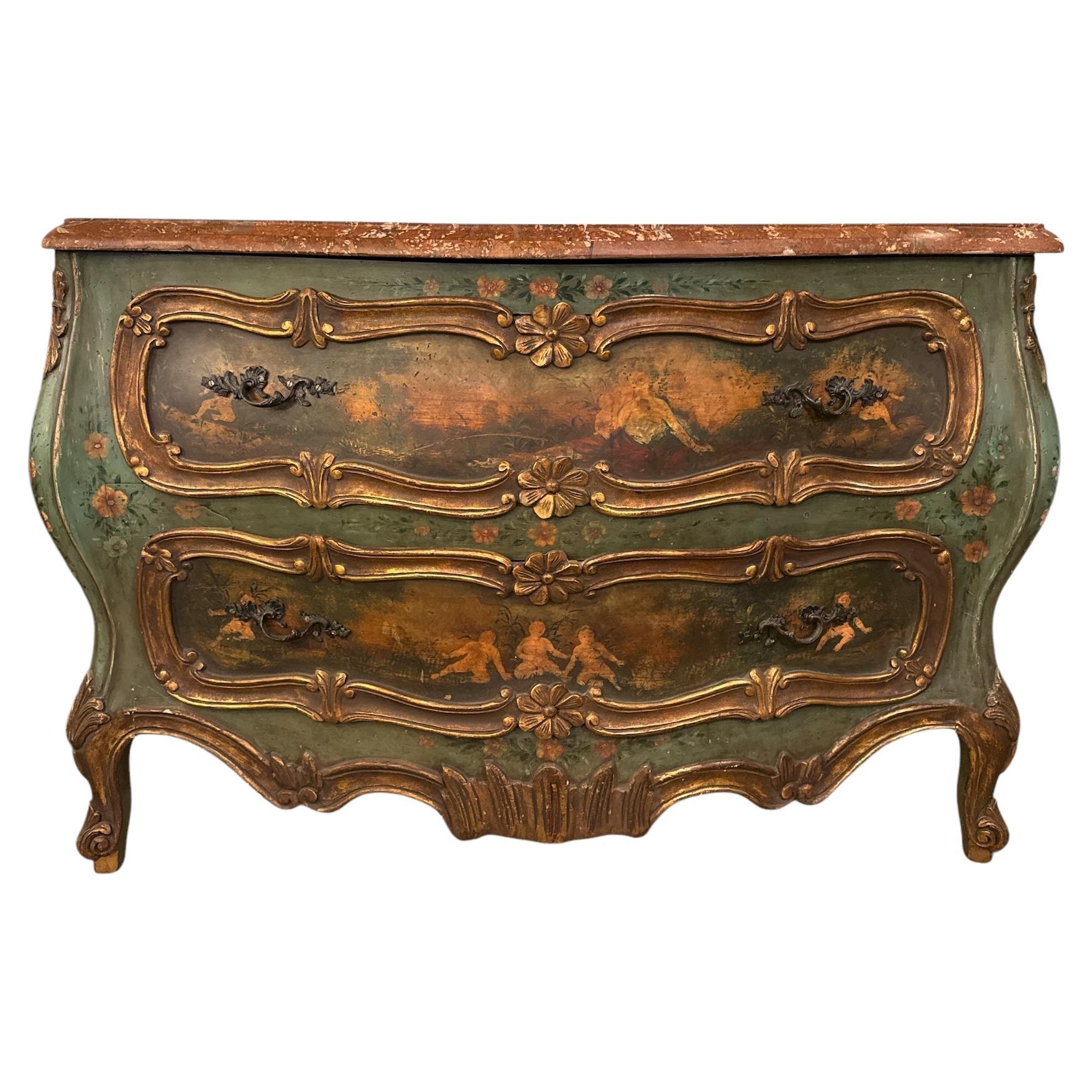 Commode con piano in marmo in stile rococò dipinto veneziano della fine del XIX secolo
