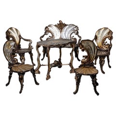Late 19th Century Venetian Silvered Grotto Suite with Table, Bench & Four Chair