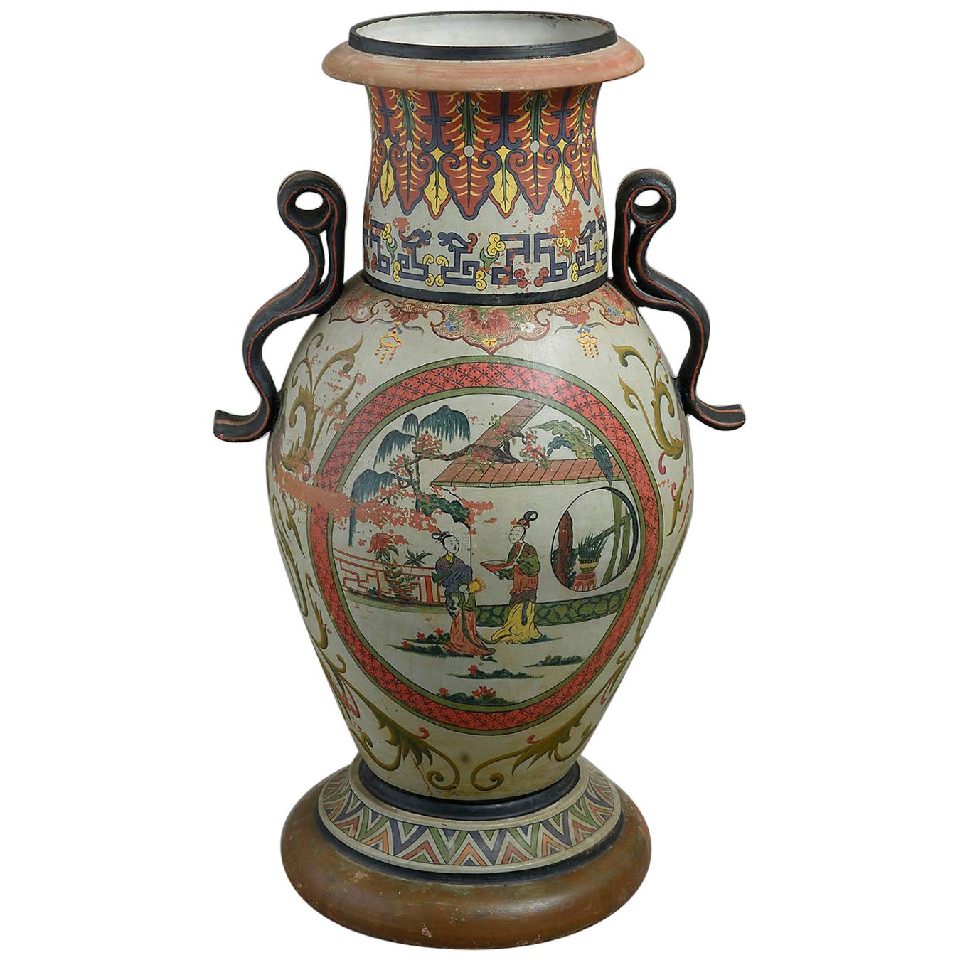 Late 19th Century Very Large French Painted Terracotta Chinoiserie Vase
