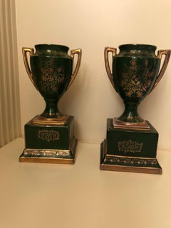 Late 19th Century Victoria Austria Green Hand Painted Urns, Pair