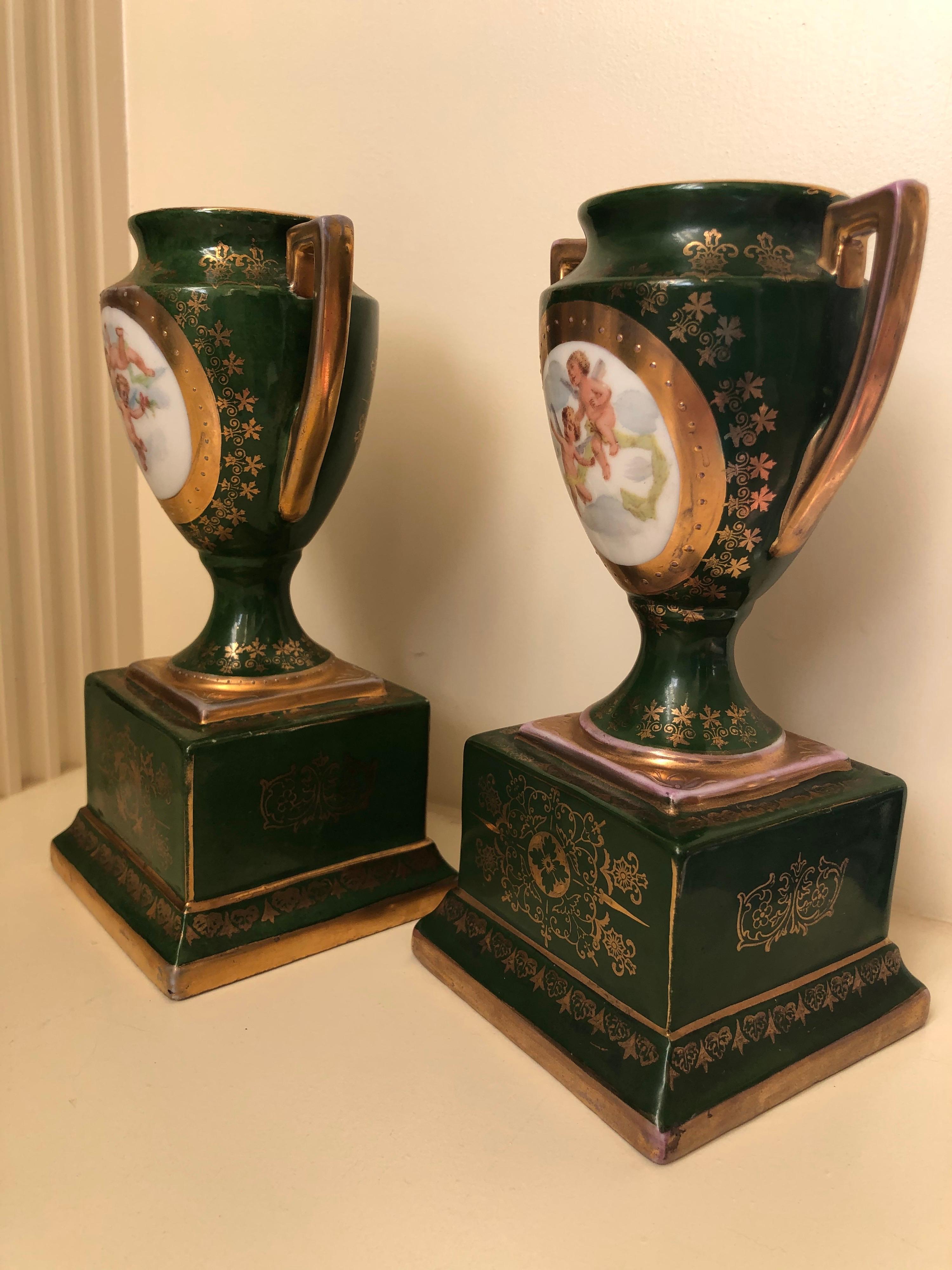 Austrian Late 19th Century Victoria Austria Green Hand Painted Urns, Pair For Sale