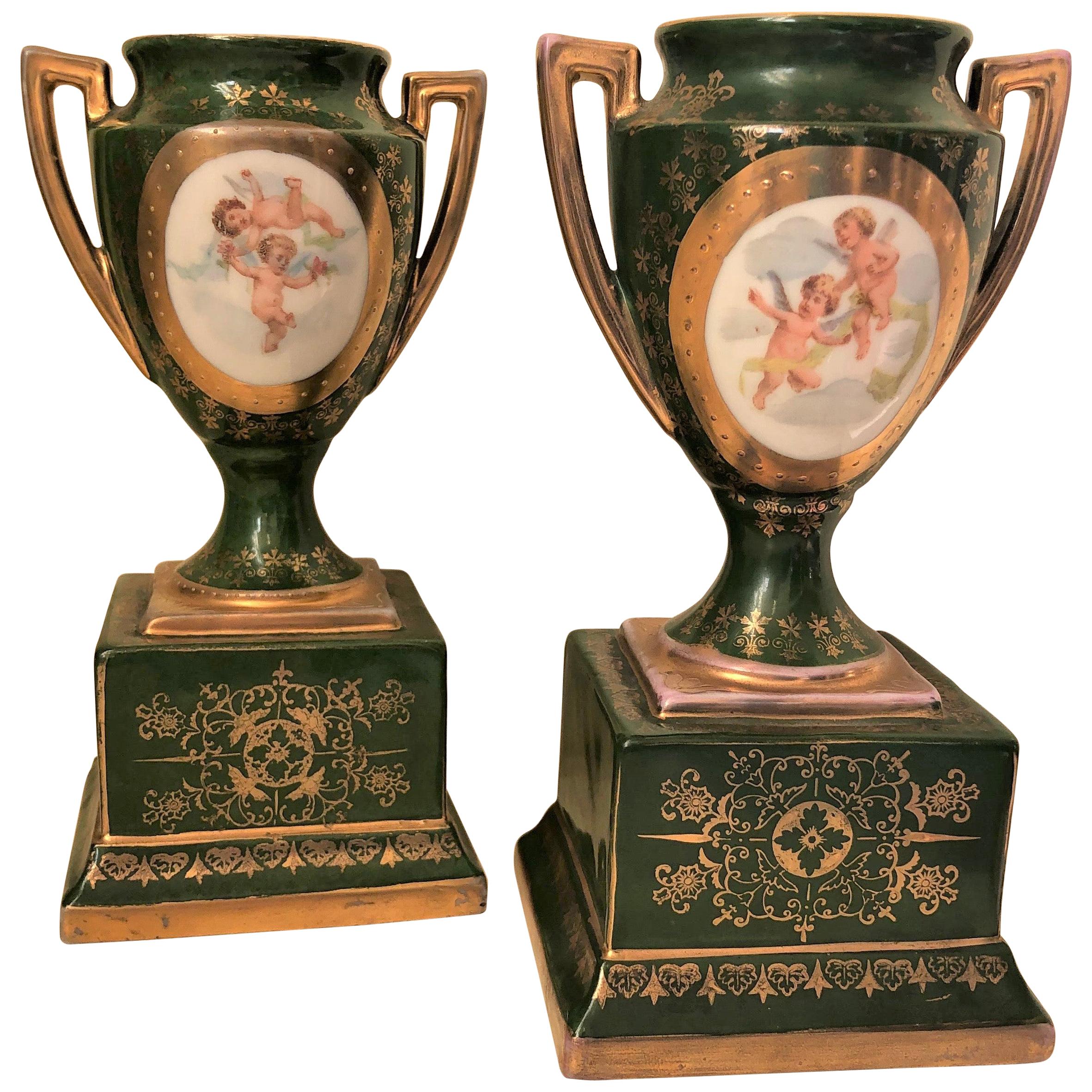 Late 19th Century Victoria Austria Green Hand Painted Urns, Pair For Sale