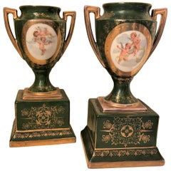 Late 19th Century Victoria Austria Green Hand Painted Urns, Pair