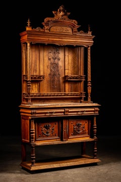Late 19th Century Victorian Carved Walnut Hutch Cabinet, Rouge de Rance Counter