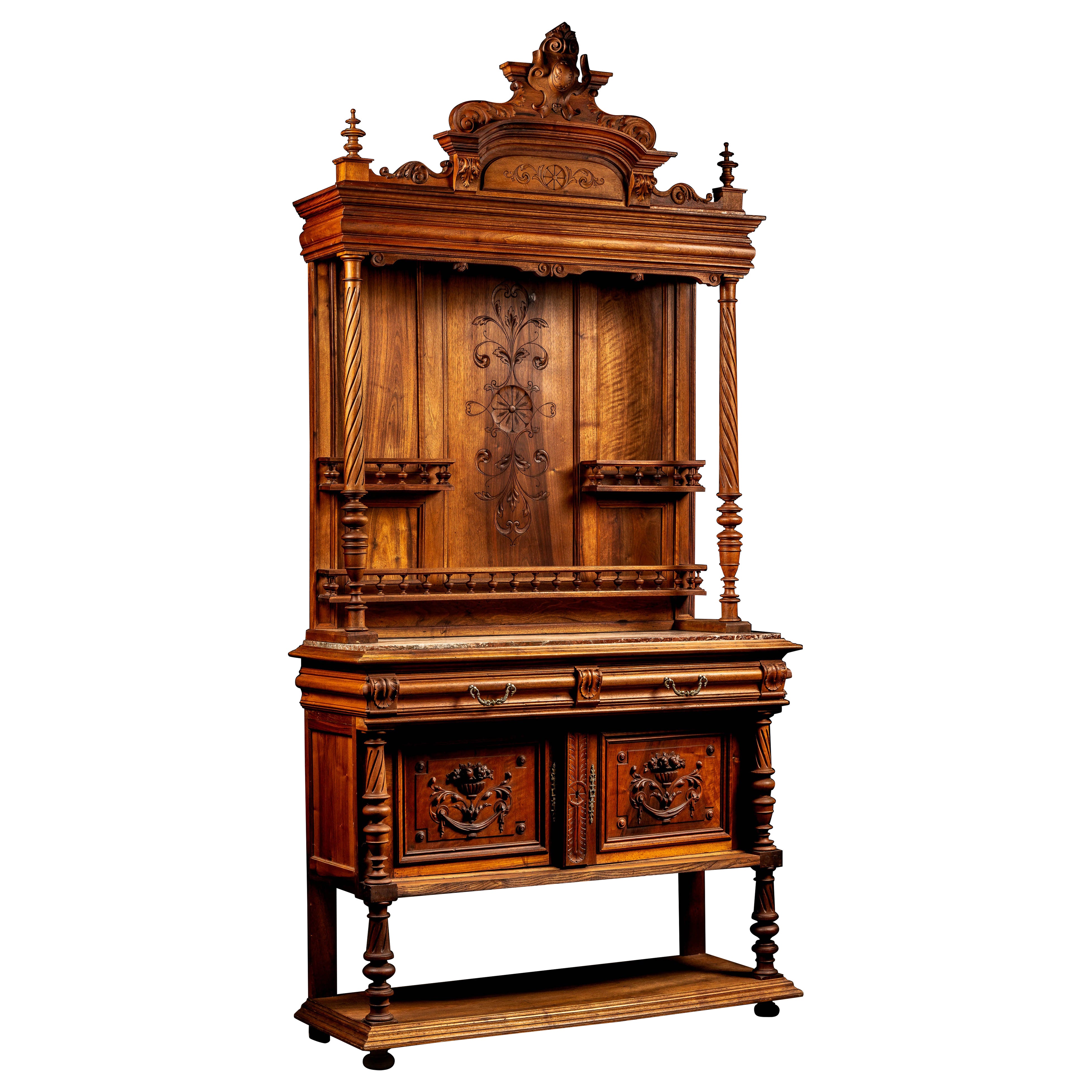 Late 19th Century Victorian Carved Walnut Hutch Cabinet, Rouge de Rance Counter