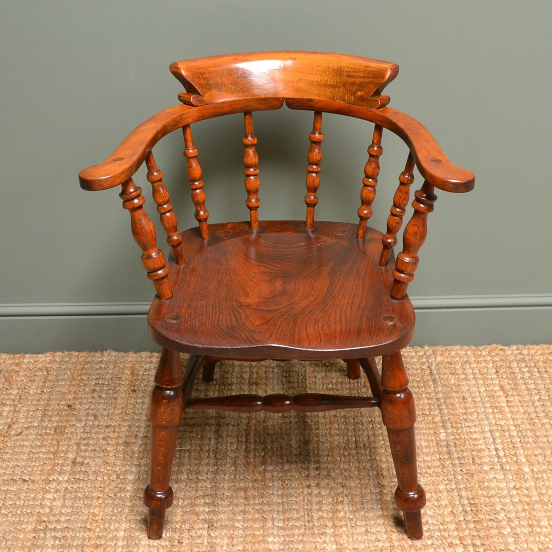 Victorian figured elm smokers bow antique carver chair

This beautiful late 19th Century Victorian Country House Smokers Bow Antique Carver Chair dates from ca. 1900 and is in constructed in a beautifully figured elm and beech. It has a curved