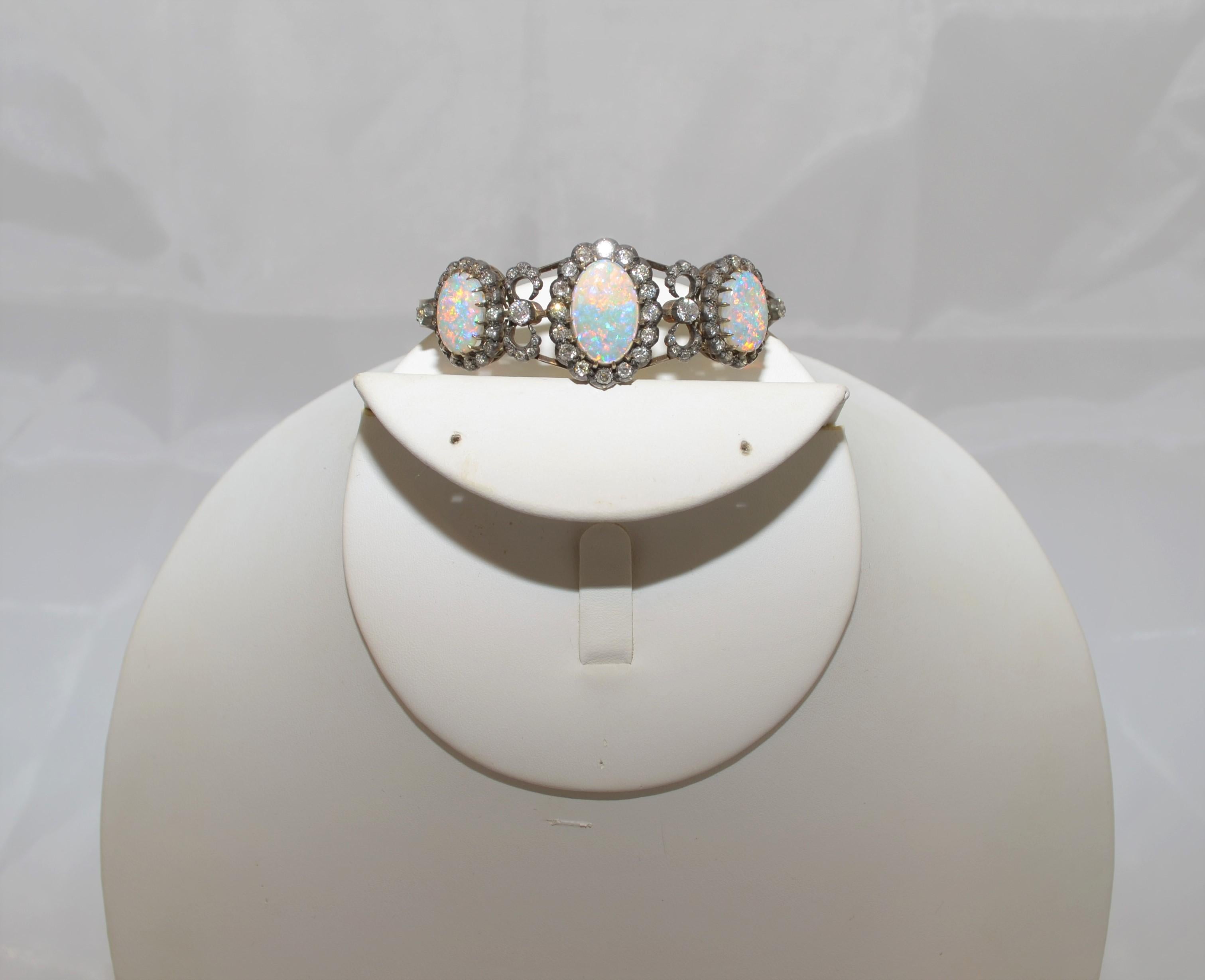 Late 19th Century Victorian Gold, Silver Bracelet with Diamonds and Opals In Excellent Condition In Carmel, CA