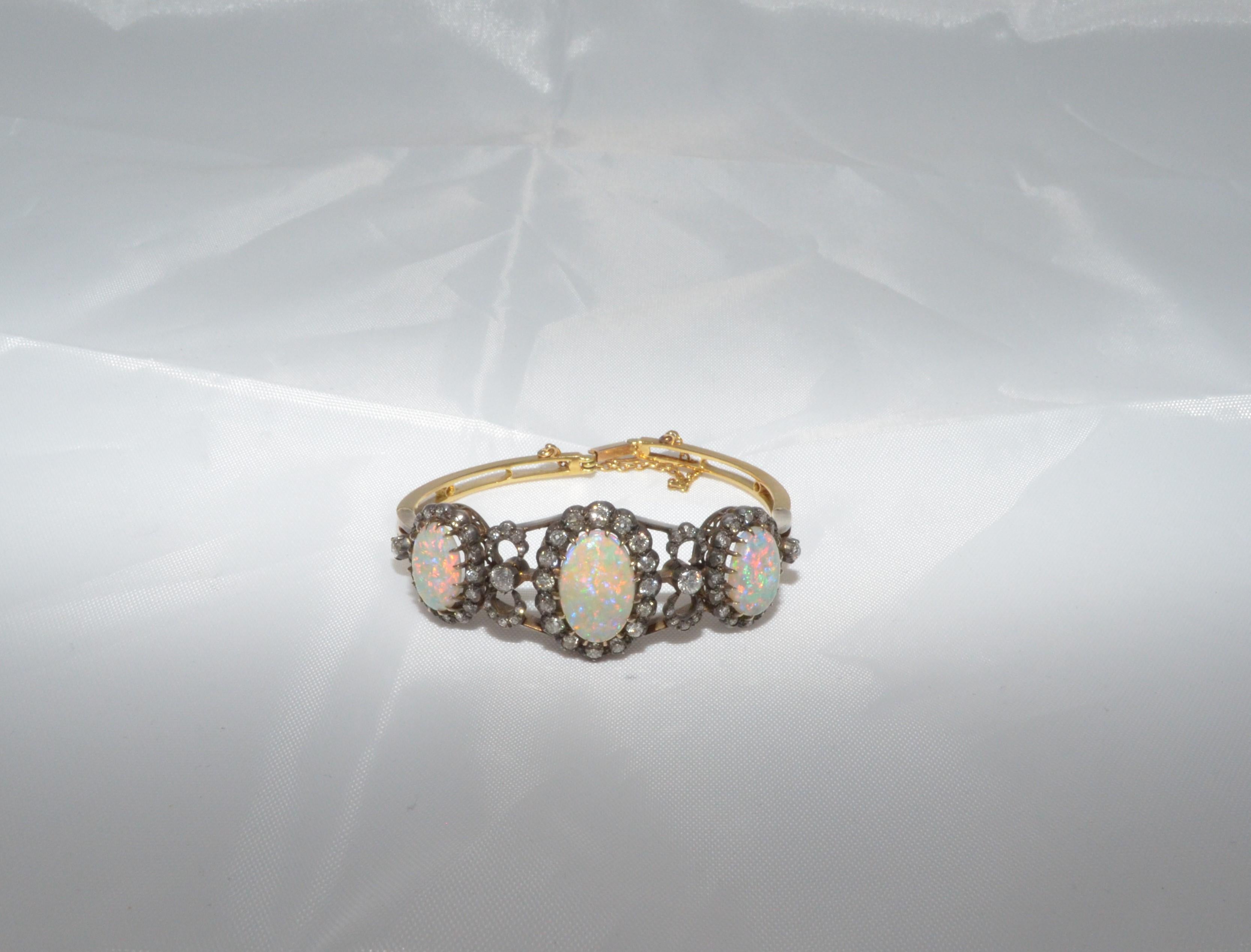 Women's Late 19th Century Victorian Gold, Silver Bracelet with Diamonds and Opals
