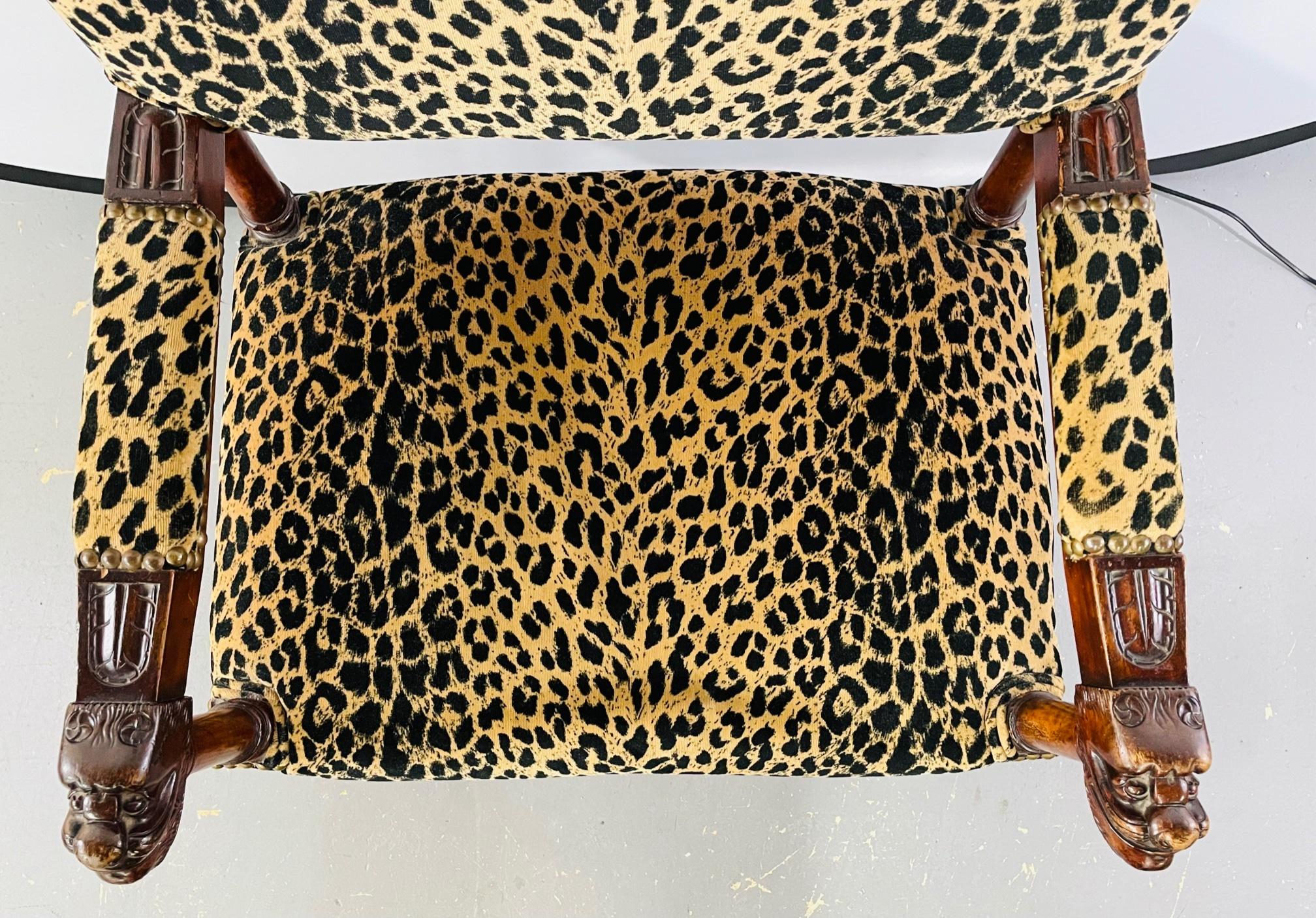 English Late 19th Century Victorian Gothic Revival Leopard Upholstery Arm or Side Chair For Sale