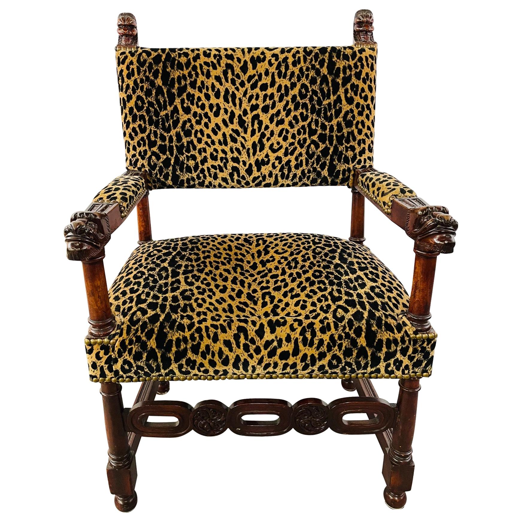 Late 19th Century Victorian Gothic Revival Leopard Upholstery Arm or Side Chair For Sale