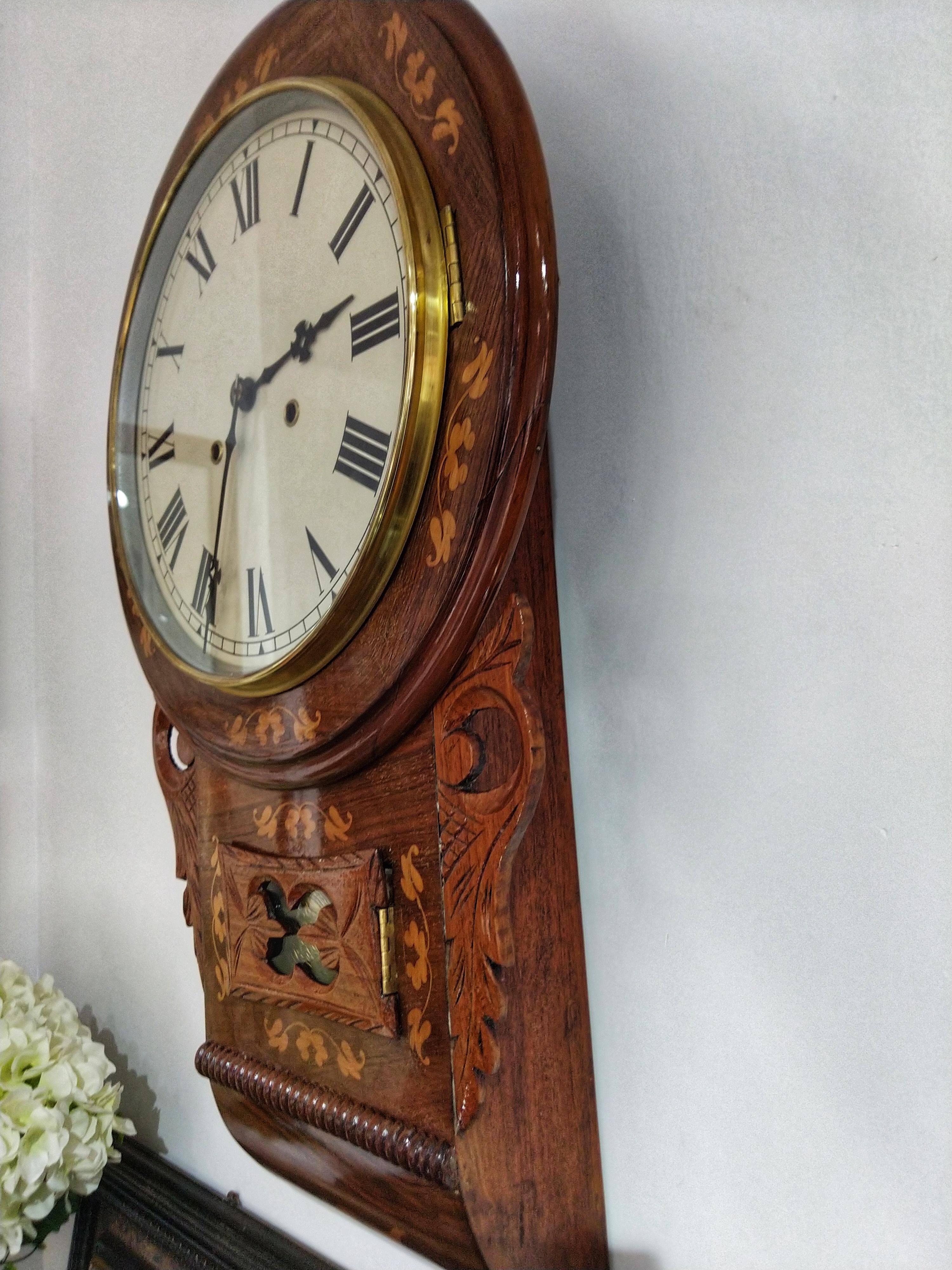 Late 19th Century Victorian Inlaid American Wall Clock by New Haven Restored In Excellent Condition In Toledo, Castilla La Mancha