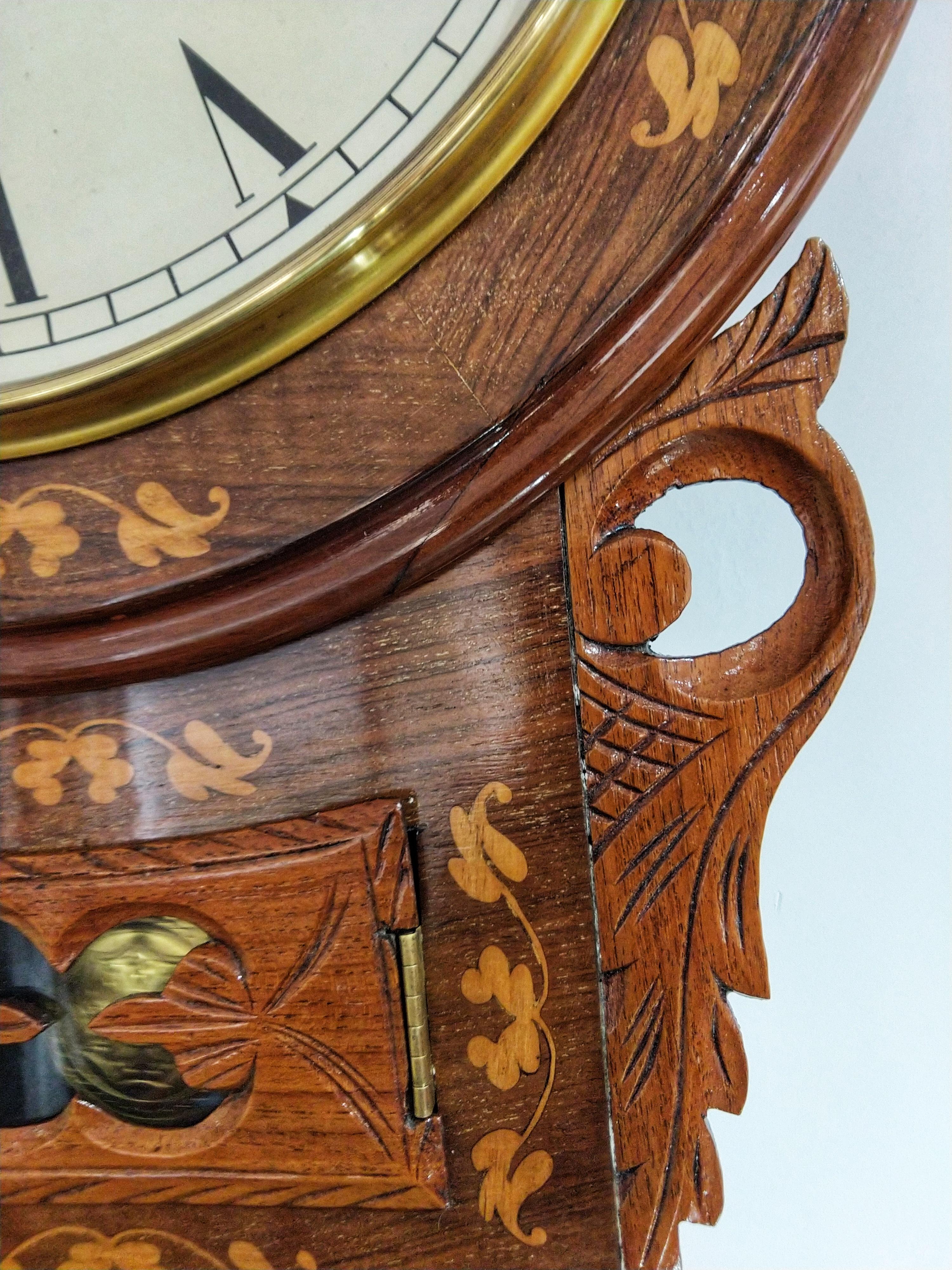 Wood Late 19th Century Victorian Inlaid American Wall Clock by New Haven Restored