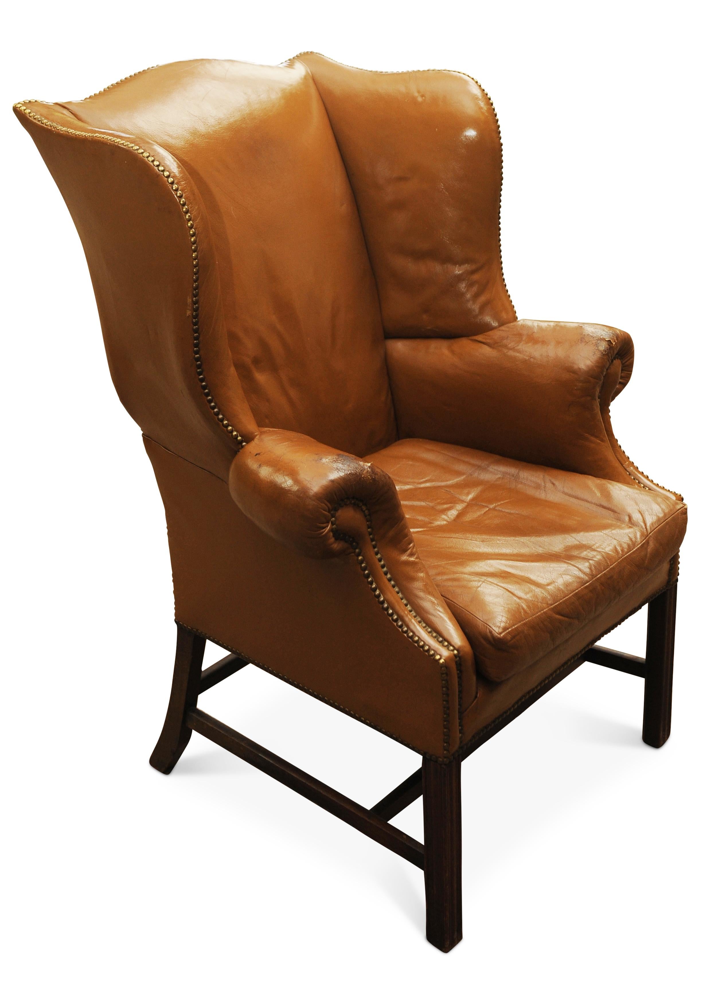 19. Jahrhundert Georgian Mahagoni und Tan Leder Flügelrücken Sessel  (Handgefertigt) im Angebot