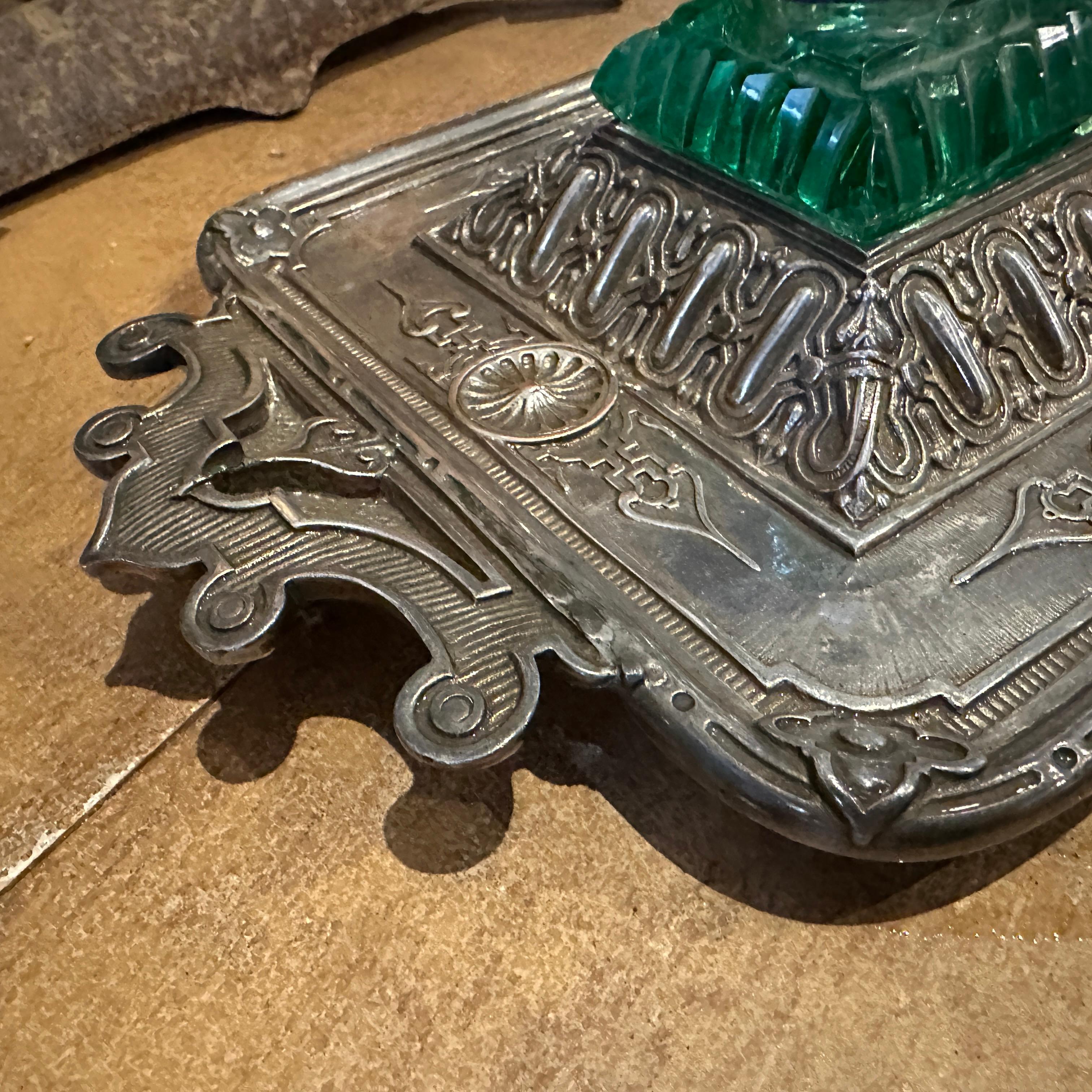 Late 19th Century Victorian Silver Plated and Green Glass Inkwell For Sale 6