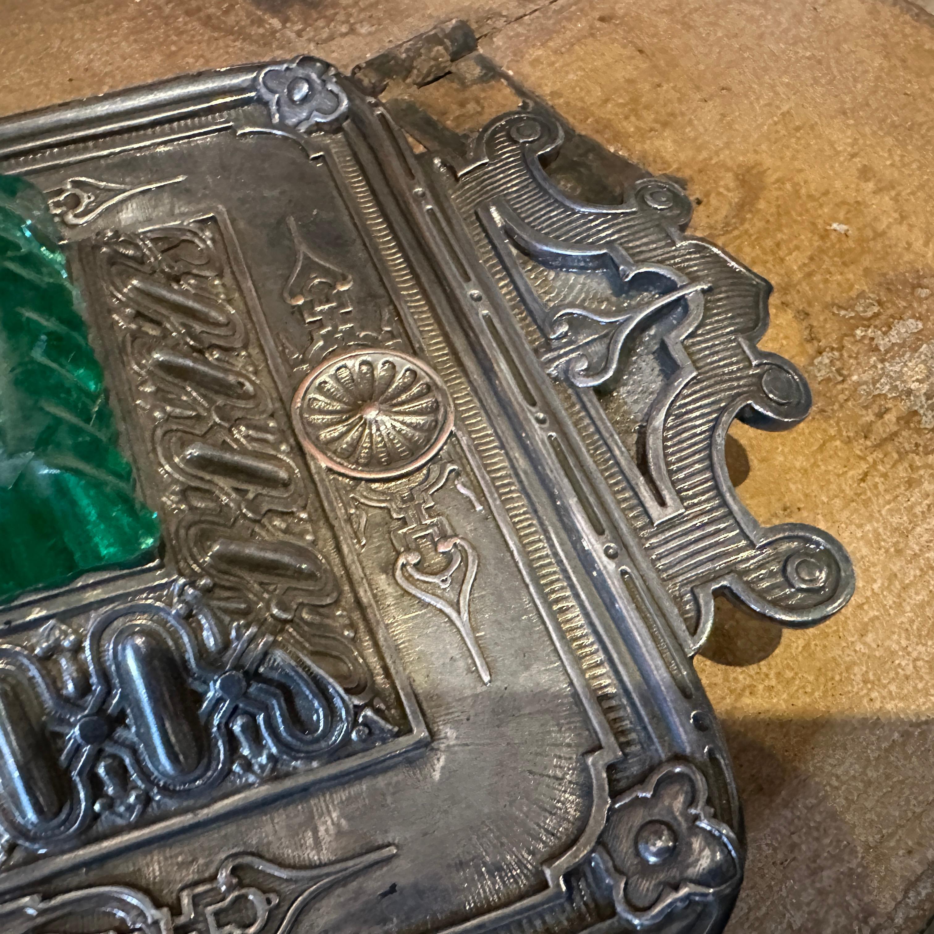 Late 19th Century Victorian Silver Plated and Green Glass Inkwell For Sale 1