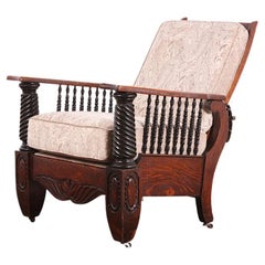 Antique Late 19th Century Victorian Solid Oak Morris Chair Arm Chair 