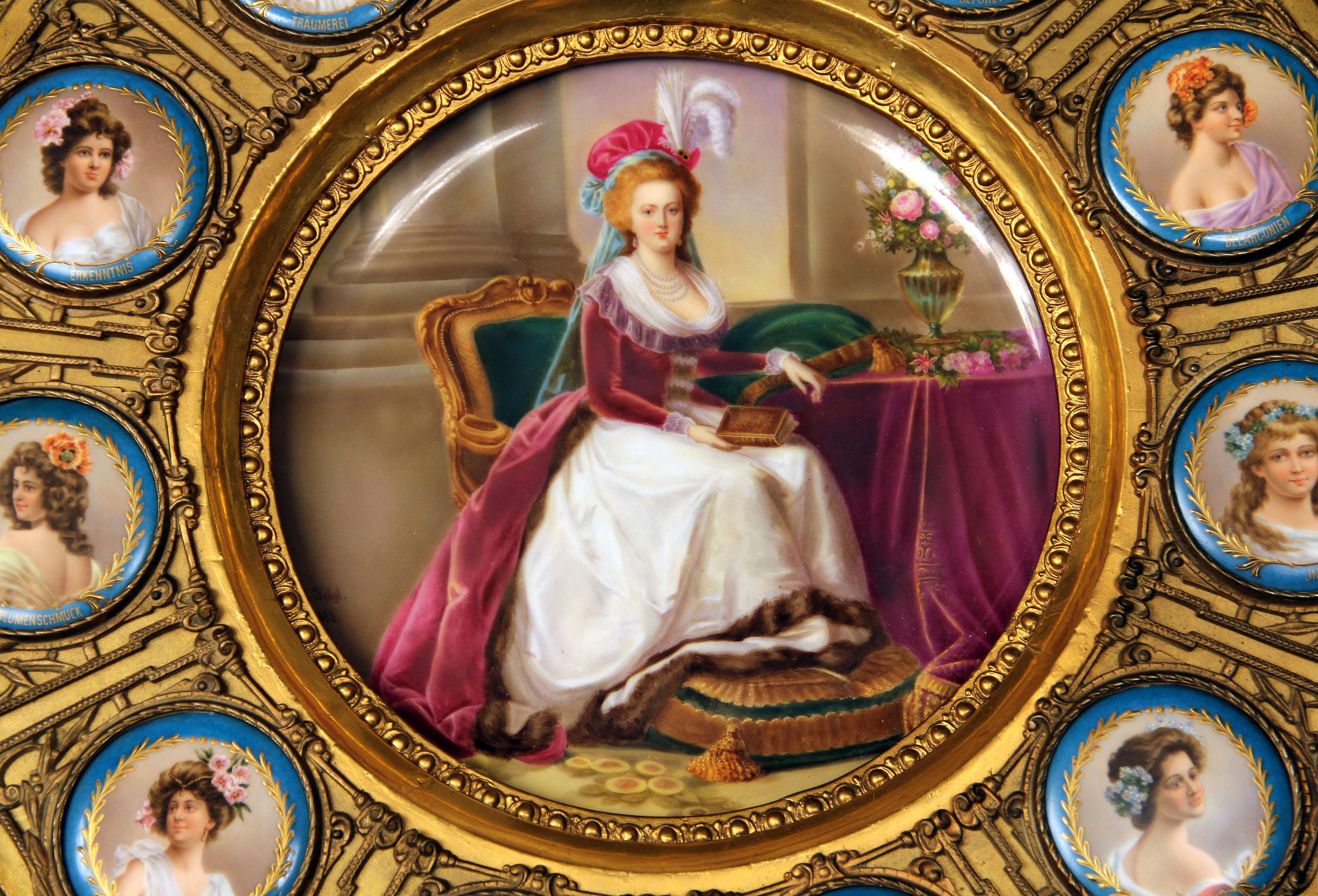 Belle Époque Late 19th Century Vienna Porcelain Mounted Giltwood Frame Signed J. Feigl 1888 For Sale