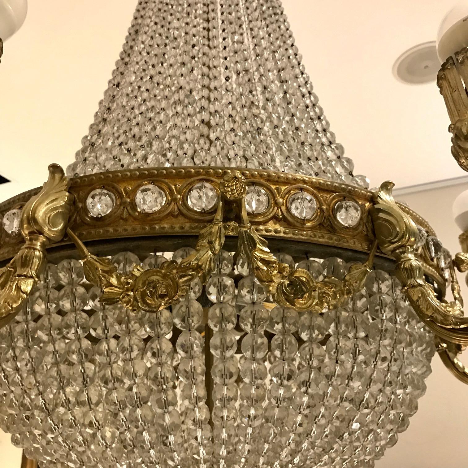 Neoclassical Late 19th Century Viennese Gilt-Bronze Crystal Beaded Basket Chandelier For Sale