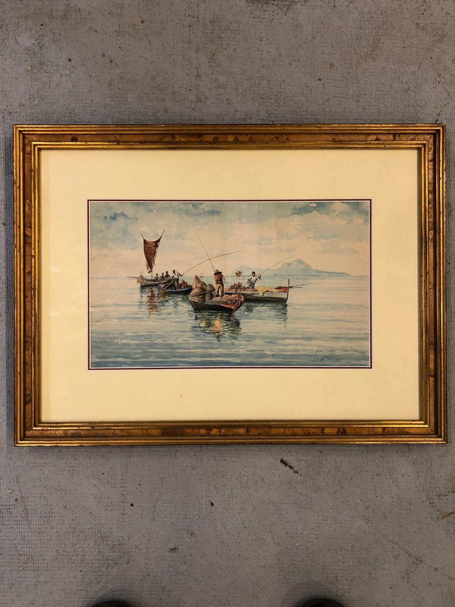 Acquerello della fine del XIX secolo di Vincenzo Montefusco Pesca di calamari, 1885 circa. Vincenzo Montefusco (1852-1912) è stato un pittore italiano nato a Cava dei Tirreni Campania. Studia a Napoli sotto la guida di Domenico Morelli e si dedica