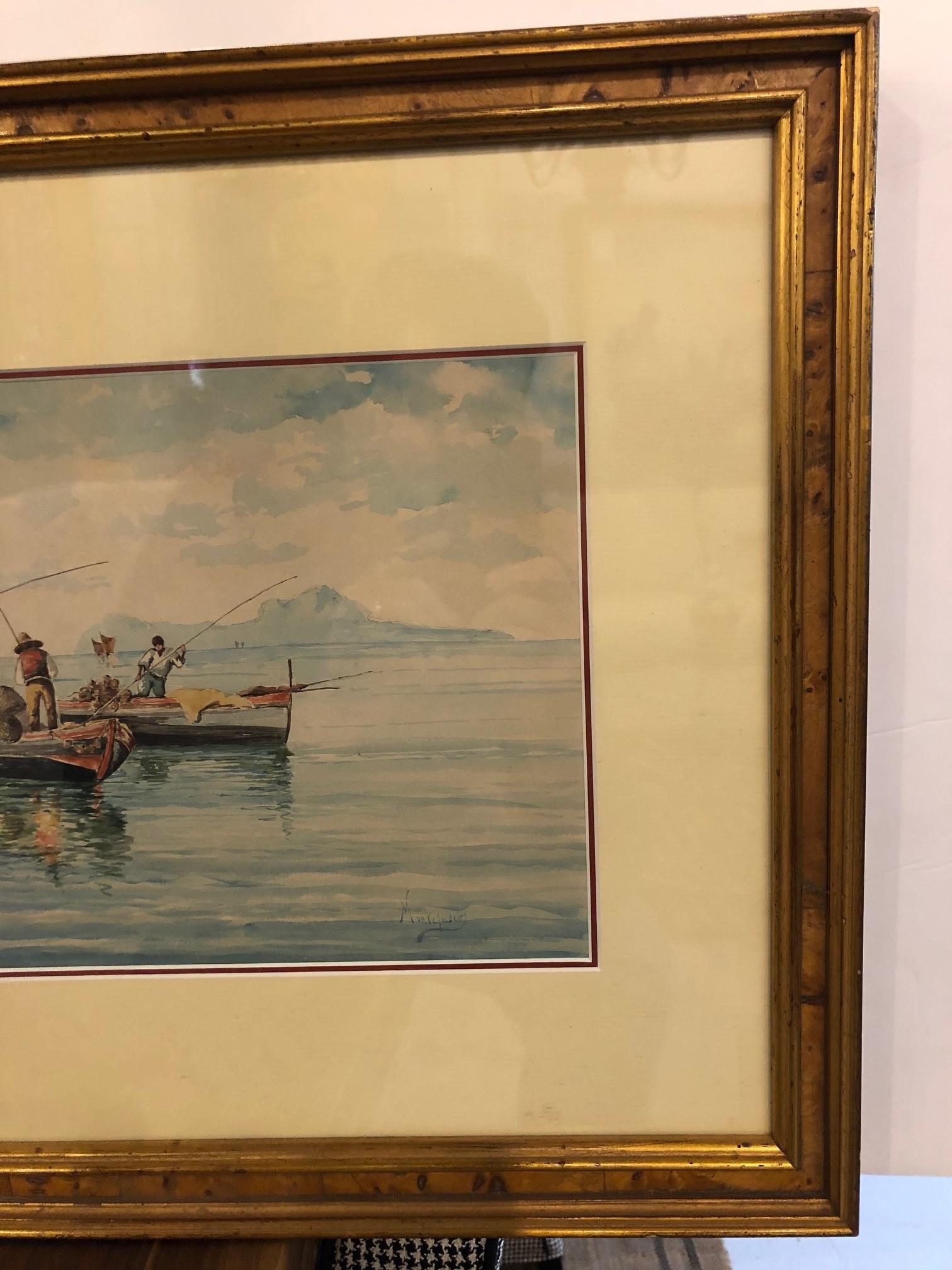 Italian Late 19th Century Vincenzo Montefusco Watercolor Squid Fishing ca. 1885 For Sale
