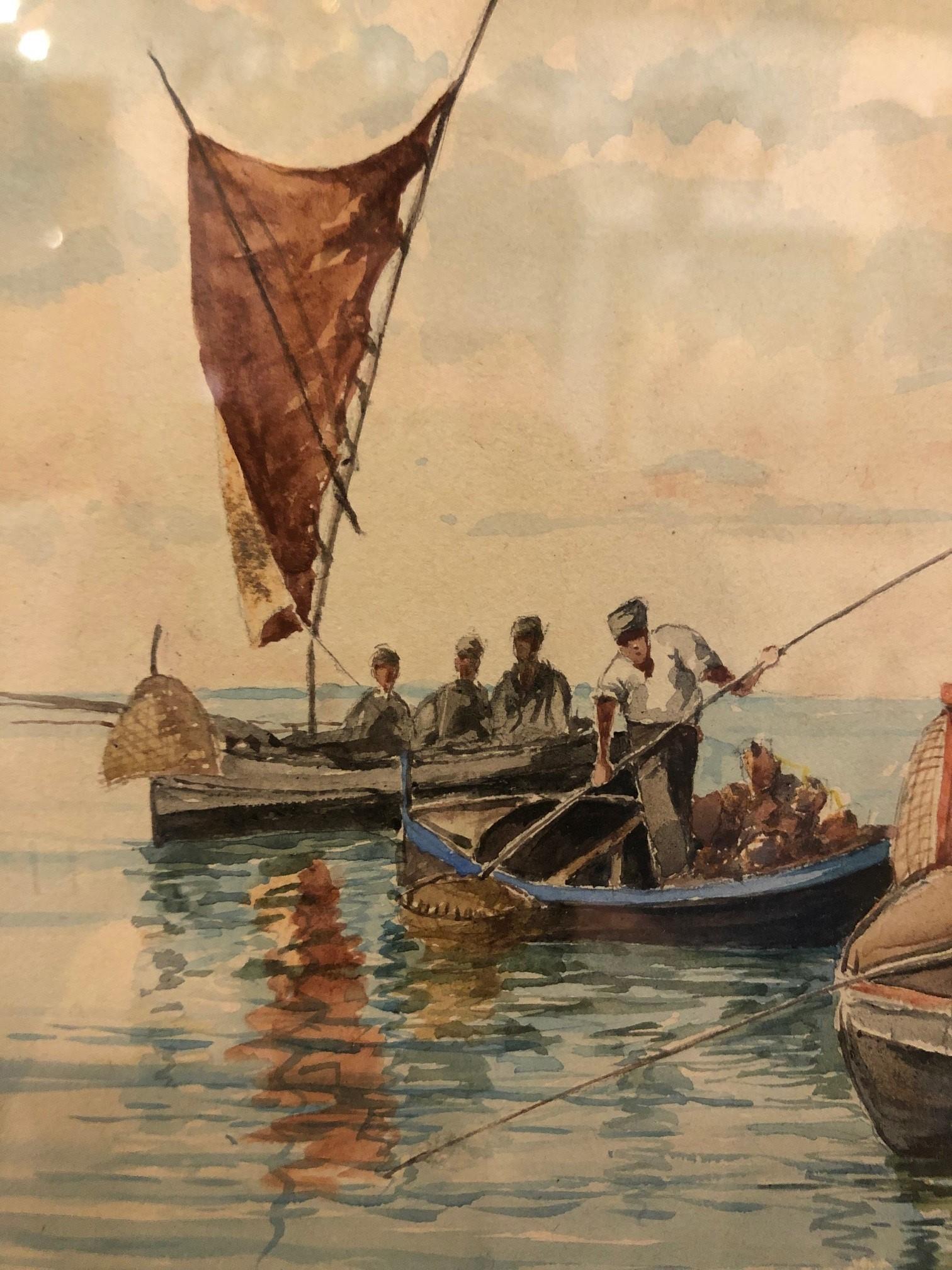 Late 19th Century Vincenzo Montefusco Watercolor Squid Fishing ca. 1885 In Good Condition For Sale In Stamford, CT