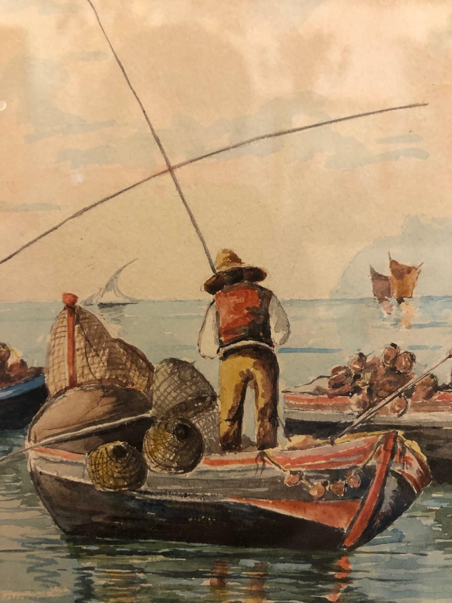 Wood Late 19th Century Vincenzo Montefusco Watercolor Squid Fishing ca. 1885 For Sale