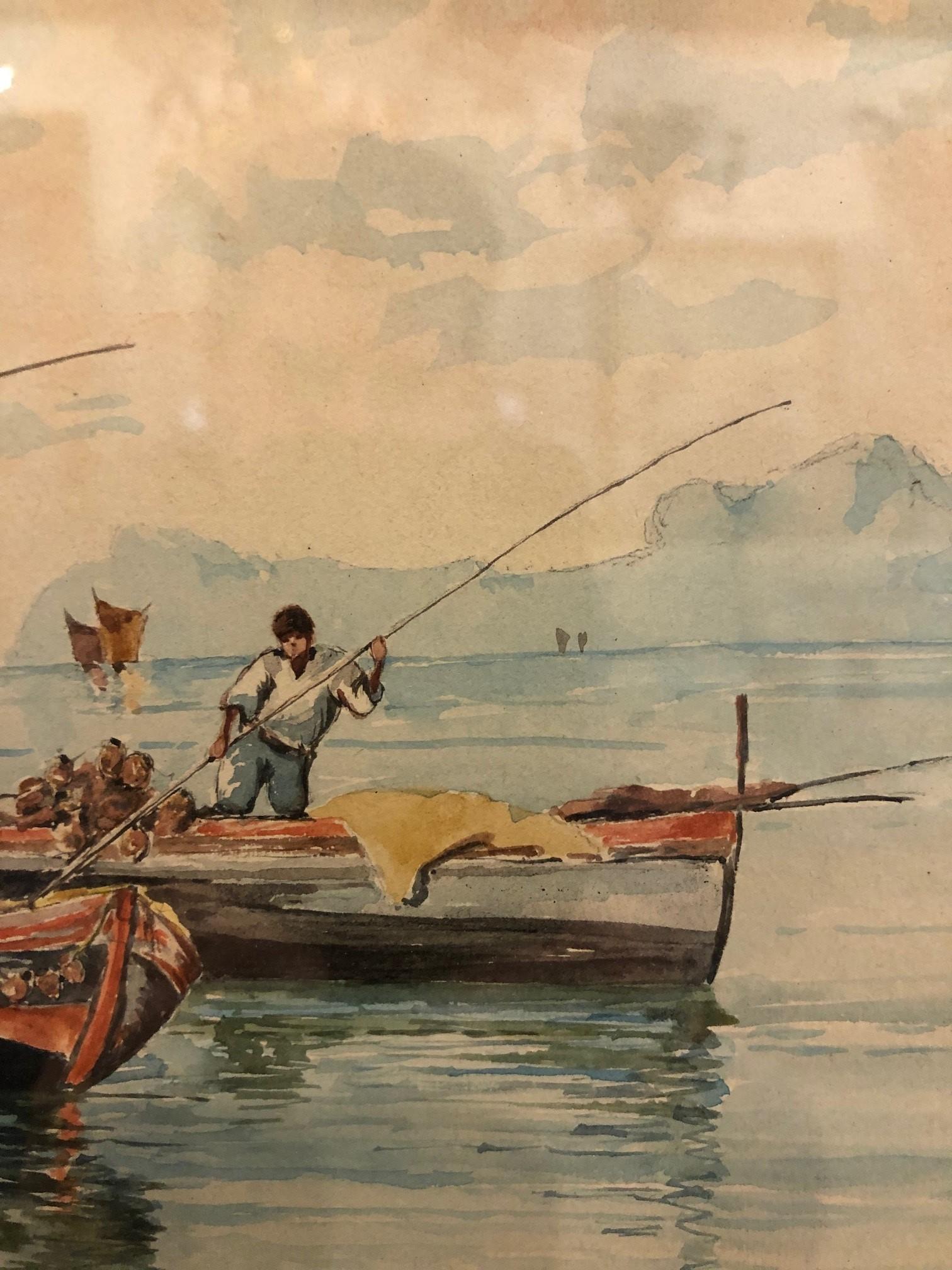 Late 19th Century Vincenzo Montefusco Watercolor Squid Fishing ca. 1885 For Sale 1