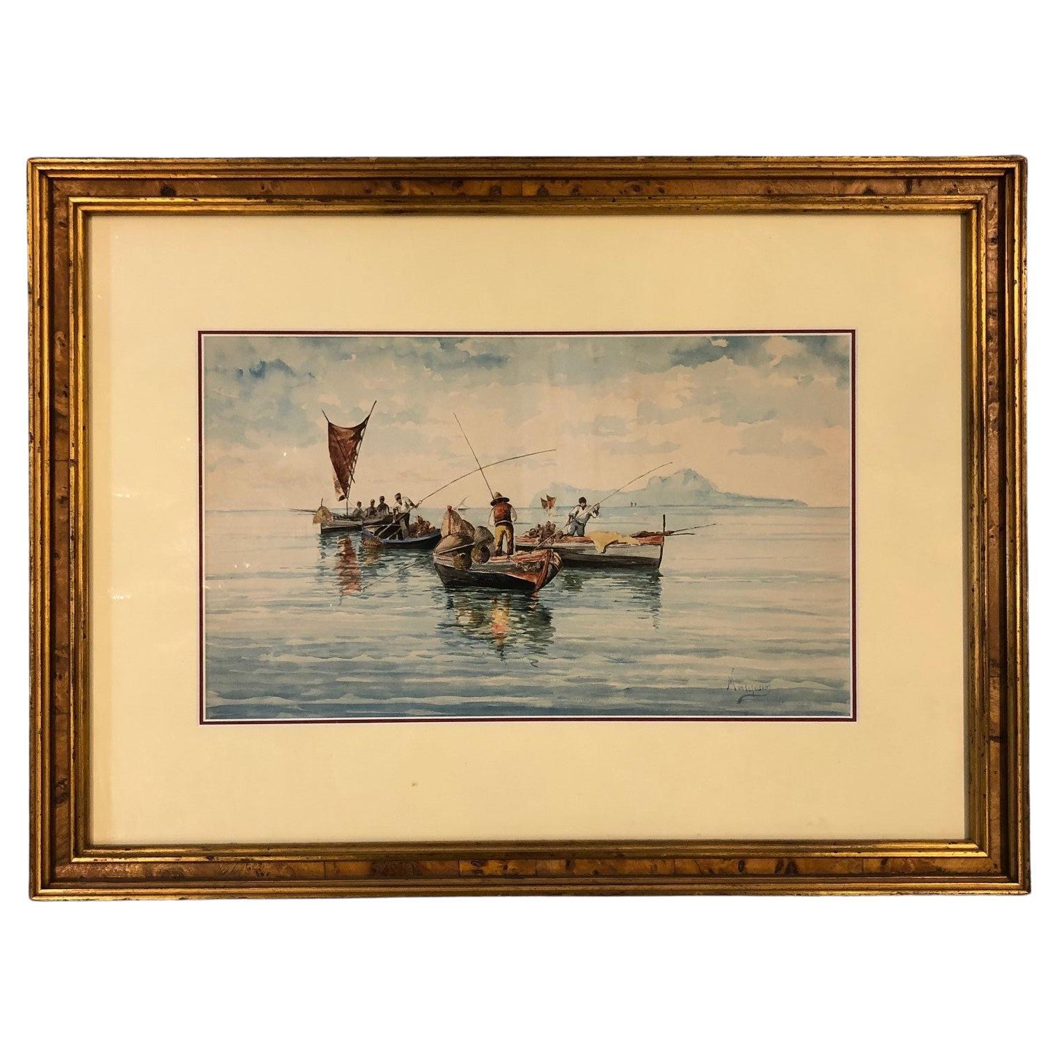 Late 19th Century Vincenzo Montefusco Watercolor Squid Fishing ca. 1885 For Sale