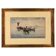 Fin du XIXe siècle Aquarelle de Vincenzo Montefusco Pêche au calmar vers 1885
