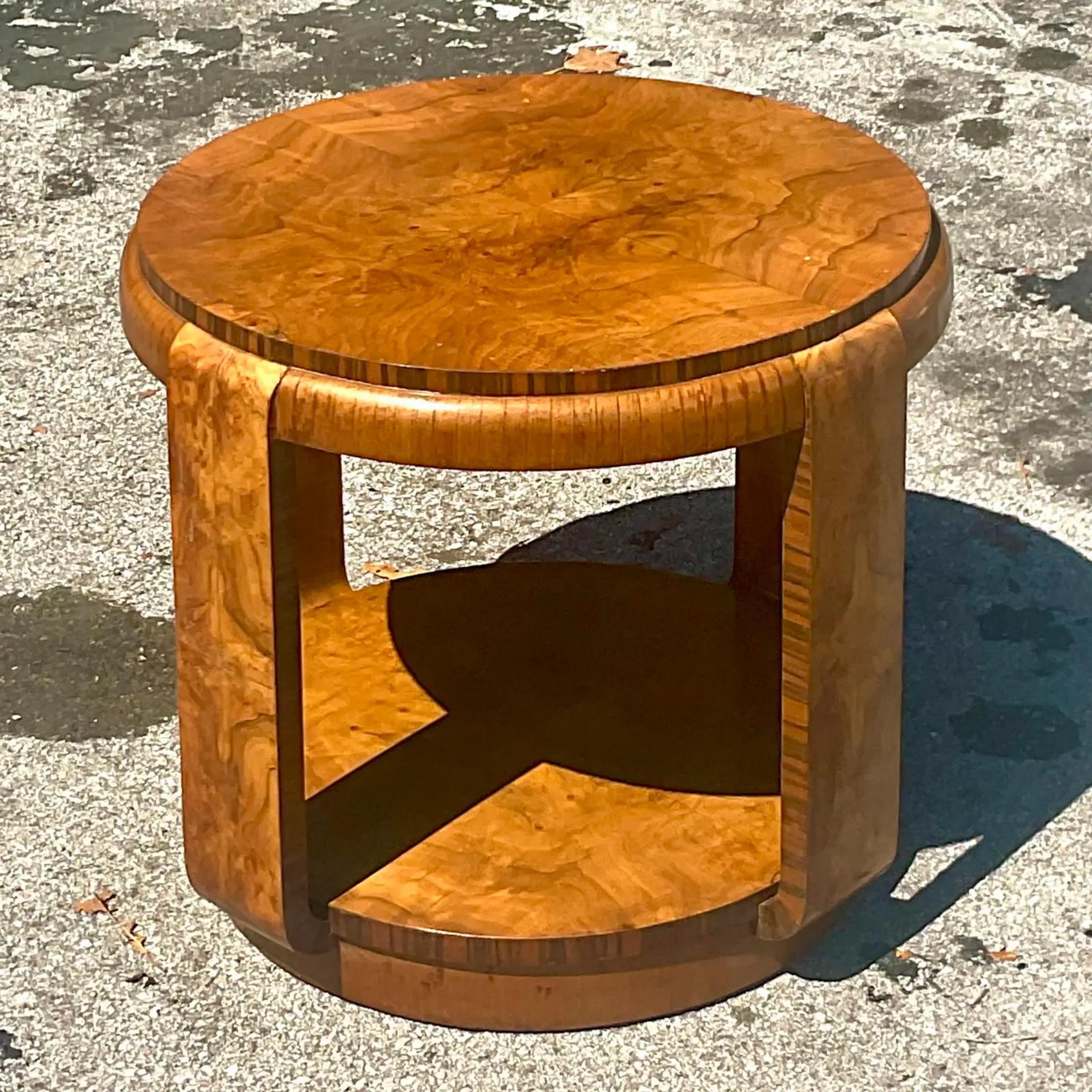 A gorgeous vintage Boho side table. A chic Burl wood construction done in the manner of Biedermeier. Perfect as a side table or even a petite coffee table. You decide! Acquired from a Palm Beach estate.