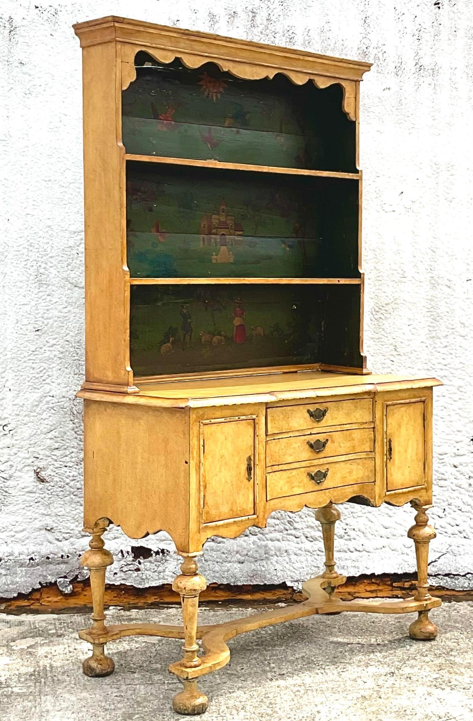 Late 19th Century Boho Primitive Casa Gusto Swedish Hand Painted Cupboard In Good Condition For Sale In west palm beach, FL