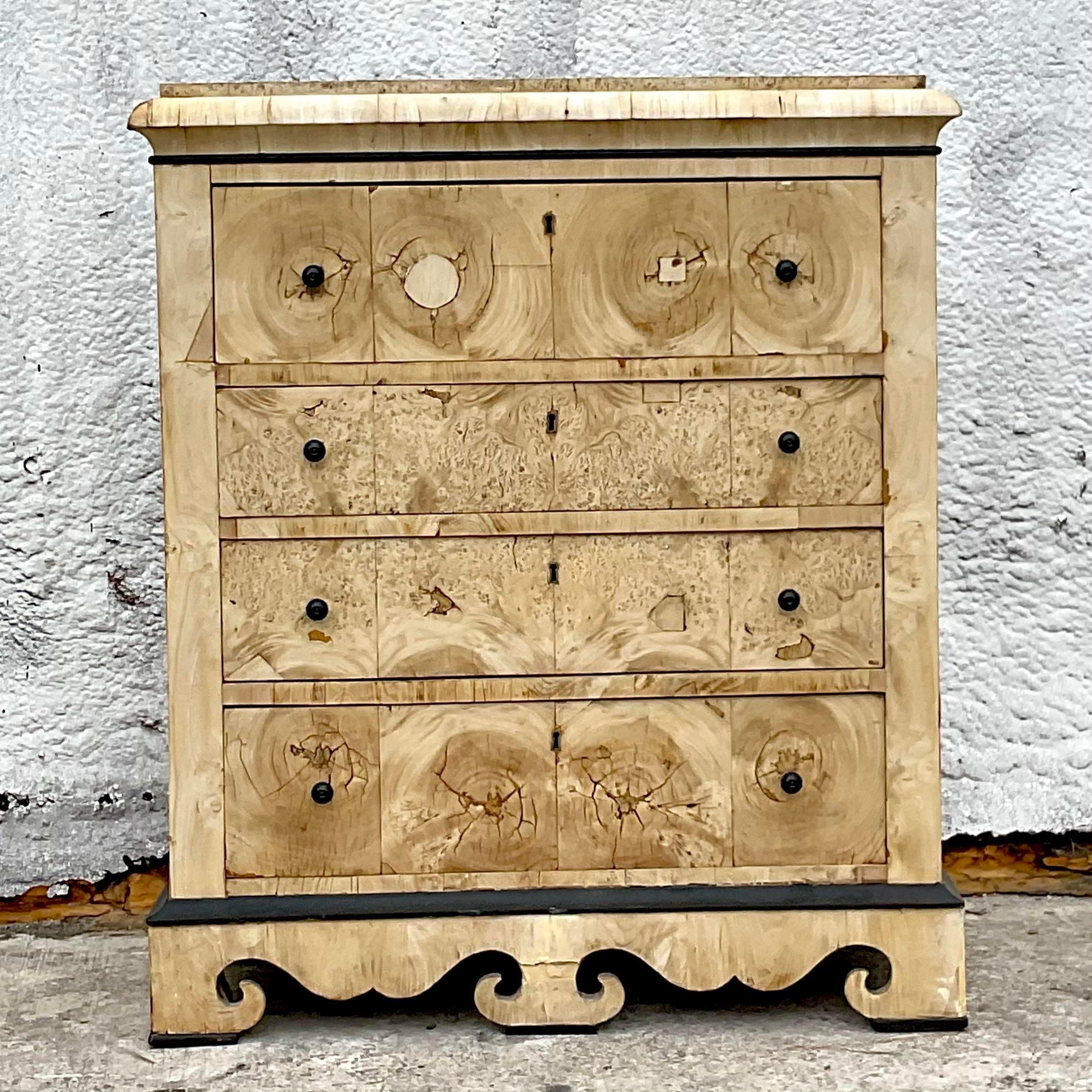 Late 19th Century Vintage Distressed English Colonial Bleached Burl Wood Dresser In Good Condition For Sale In west palm beach, FL