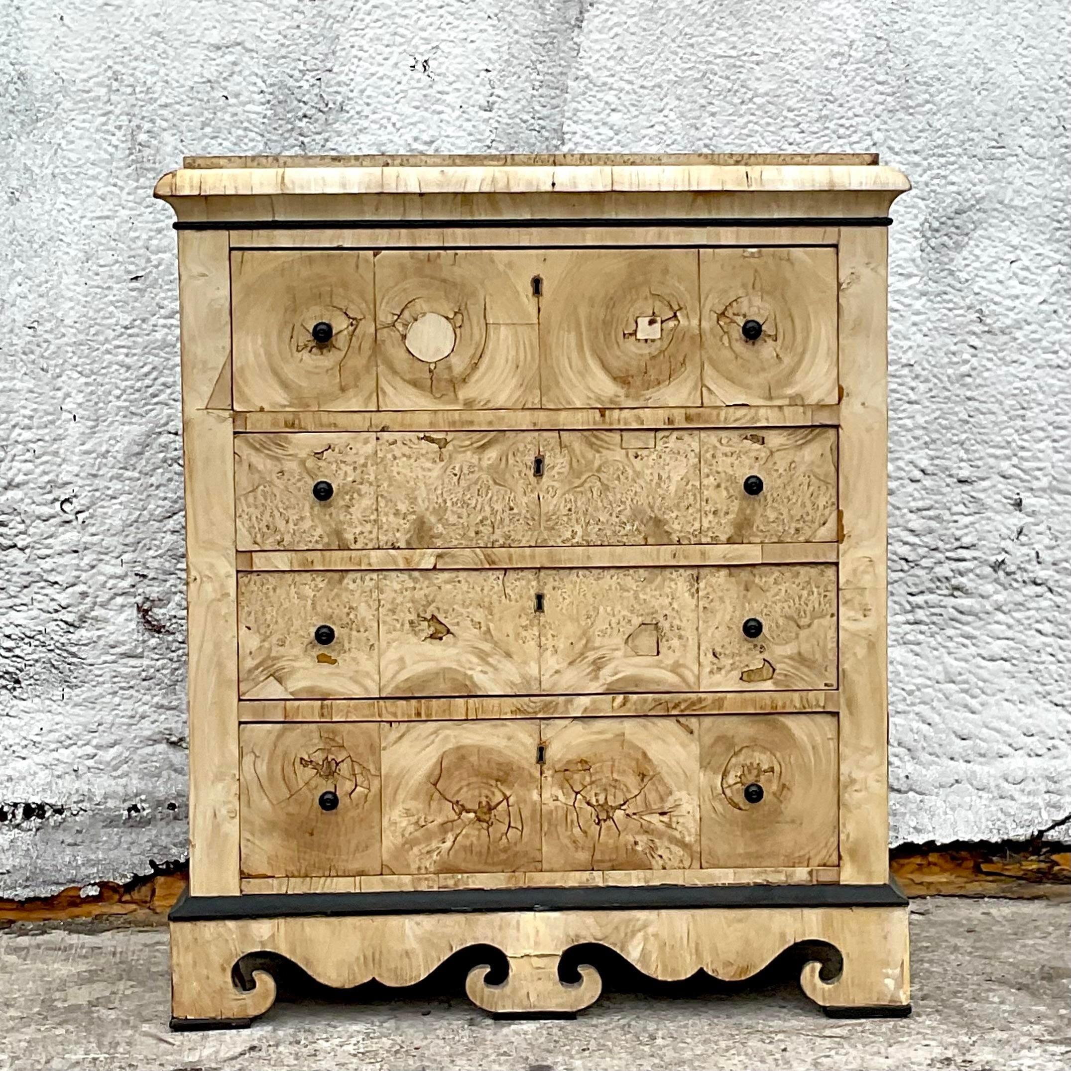 Late 19th Century Vintage Distressed English Colonial Bleached Burl Wood Dresser For Sale 1
