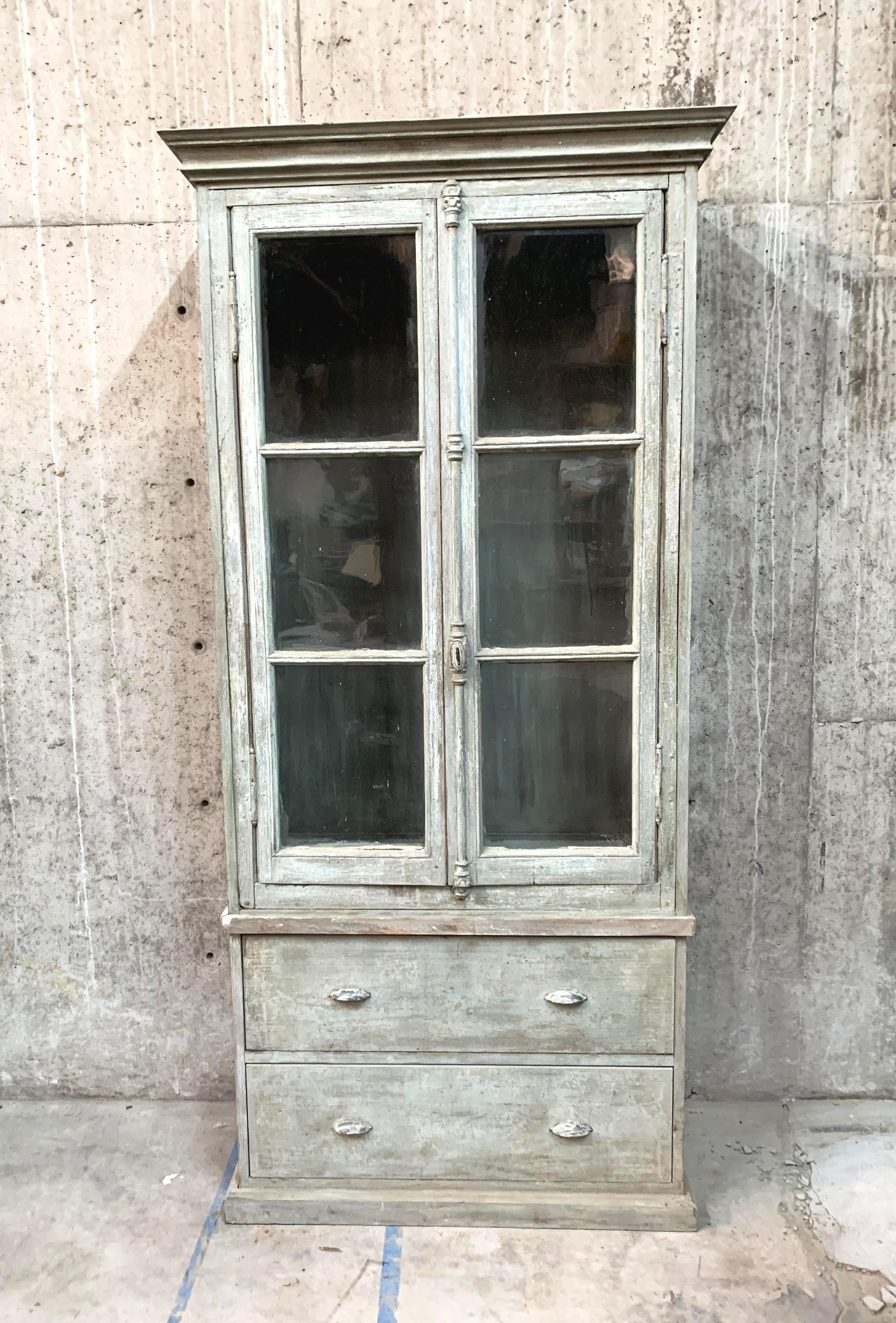 French Provincial Late 19th Century Vintage French Painted Bookcase With Window Doors For Sale
