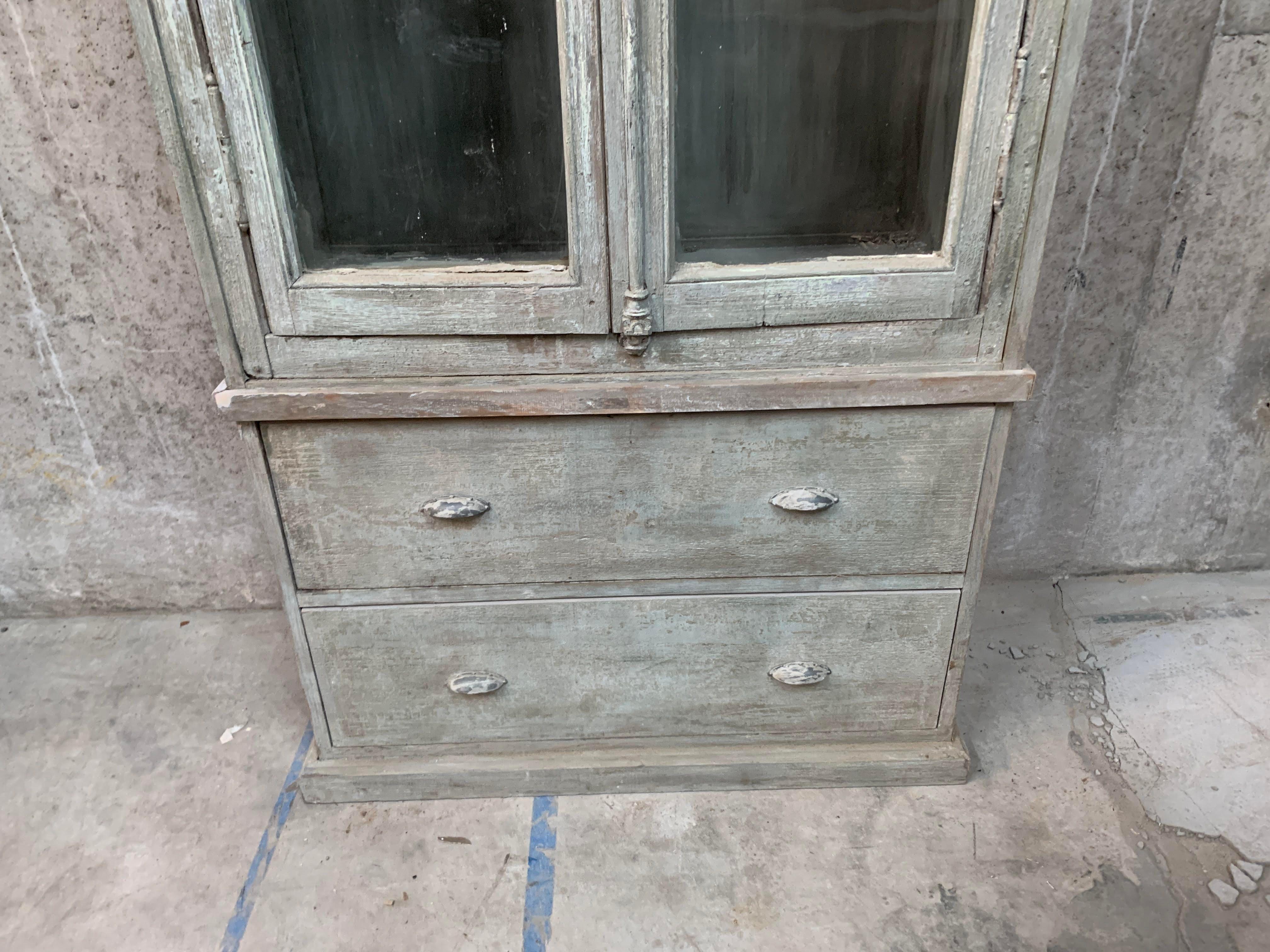 Hand-Crafted Late 19th Century Vintage French Painted Bookcase With Window Doors For Sale