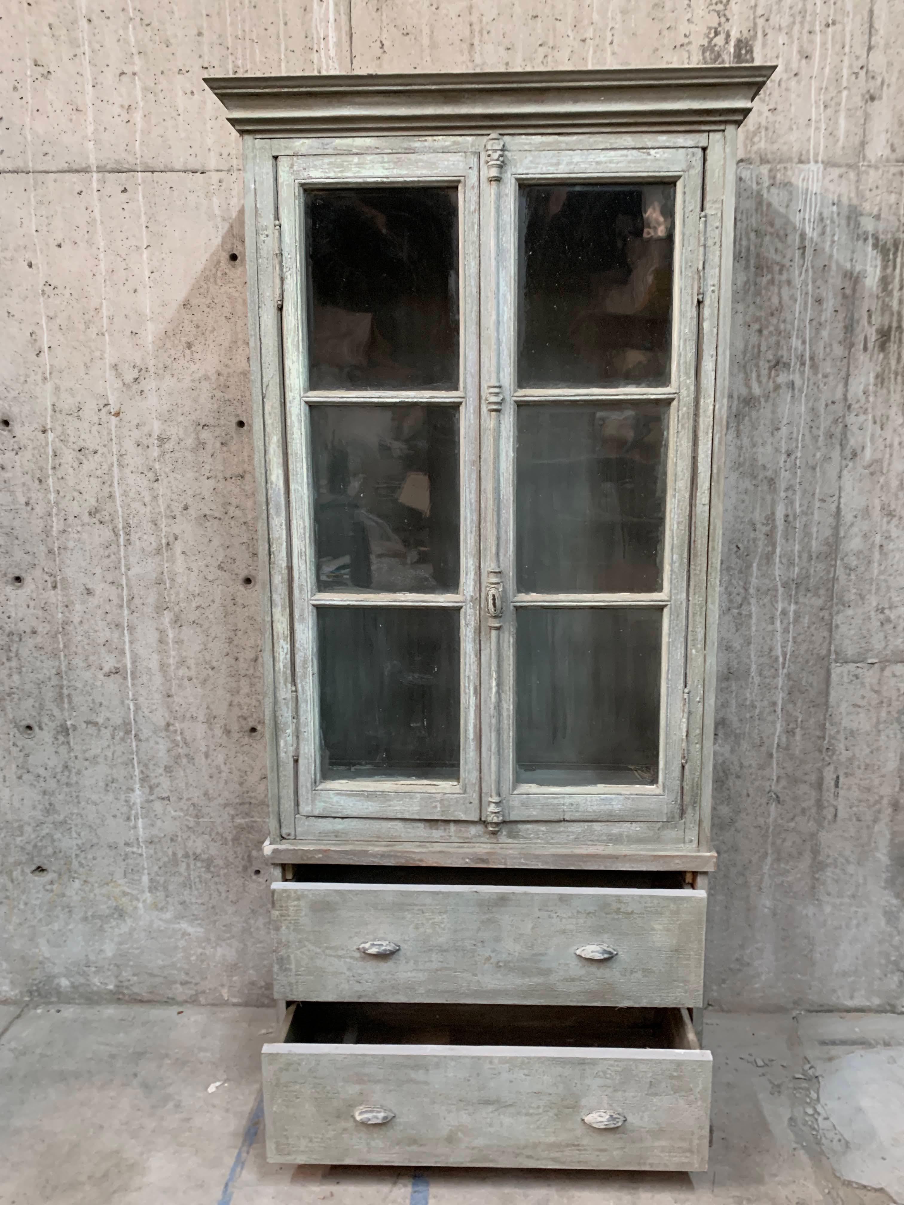 Late 19th Century Vintage French Painted Bookcase With Window Doors In Good Condition For Sale In Sheridan, CO