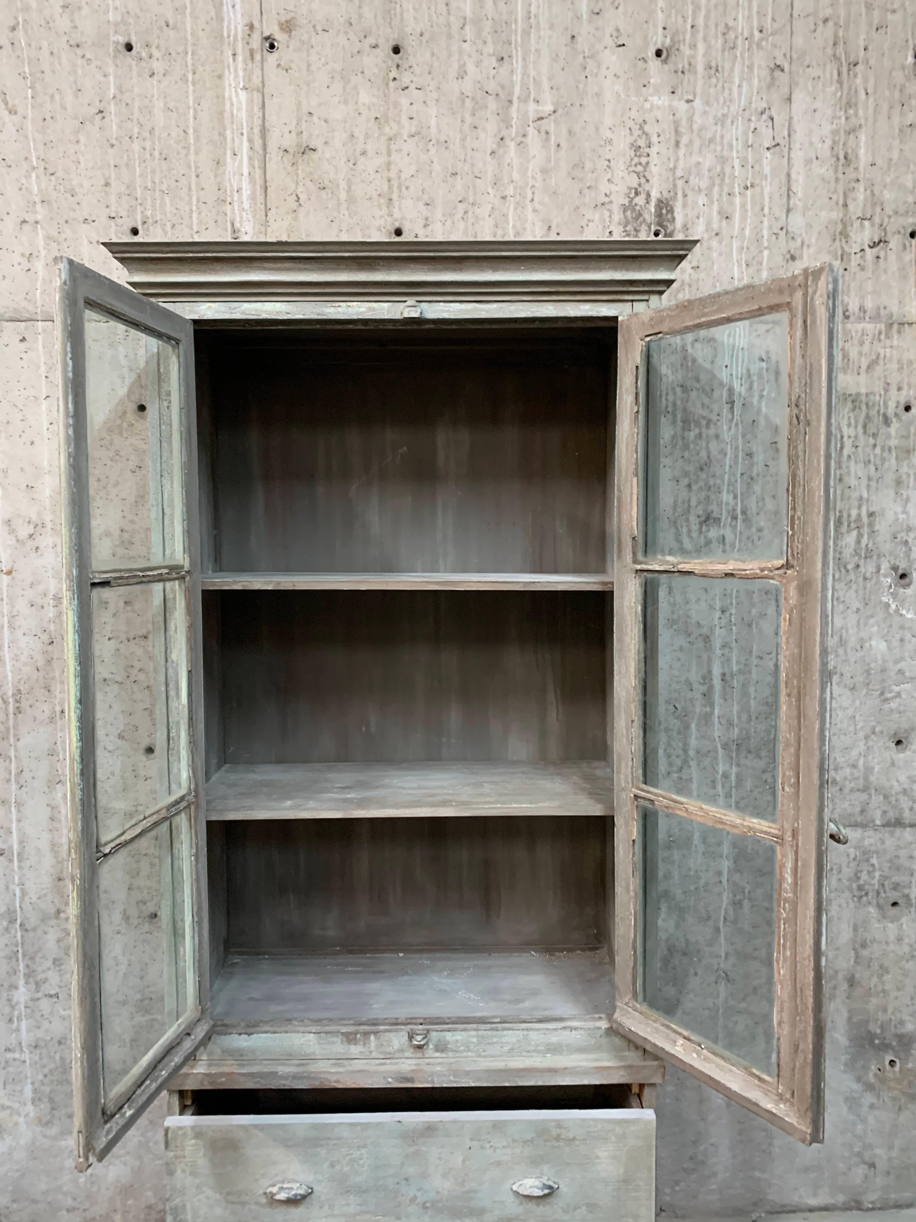 Late 19th Century Vintage French Painted Bookcase With Window Doors For Sale 1