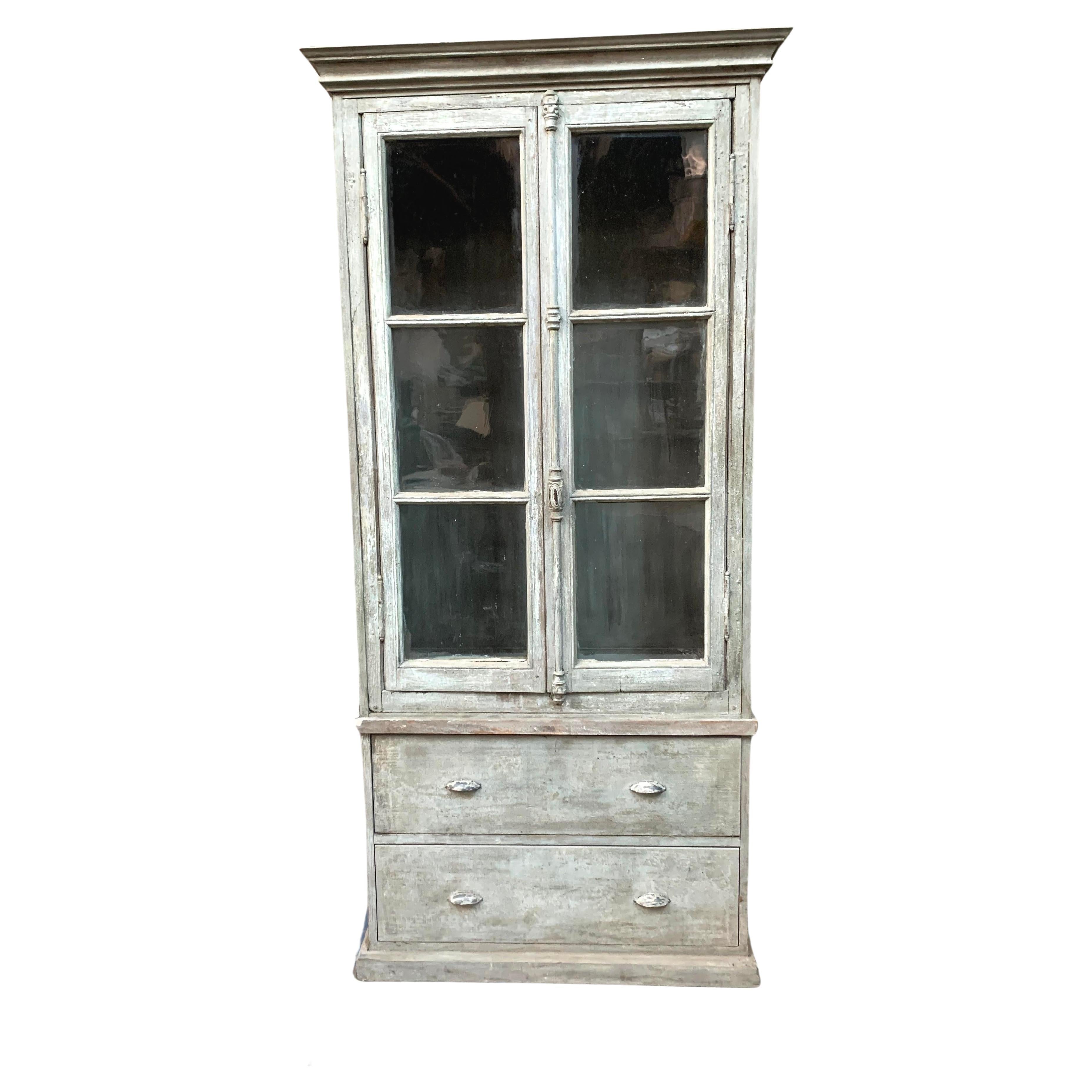 Late 19th Century Vintage French Painted Bookcase With Window Doors For Sale