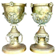 Late 19th Century Vintage Neo Classical Brass Footed Urn - a Pair