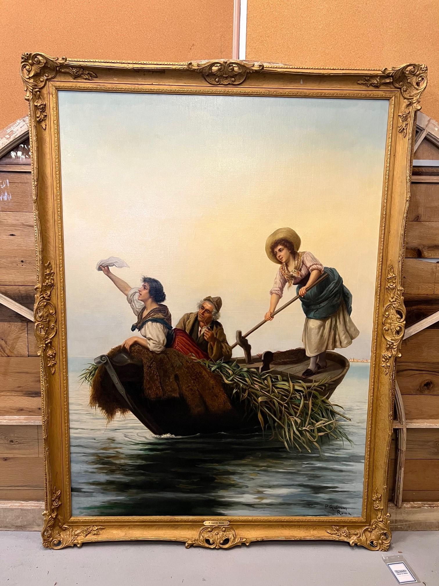 Magnifique peinture à l'huile sur toile de la fin du 19e siècle représentant un homme âgé avec deux jeunes femmes, peut-être ses enfants ou petits-enfants, dans un petit bateau. Signé dans le coin inférieur droit et sur le cadre
 P. Gabrim Roma. Il