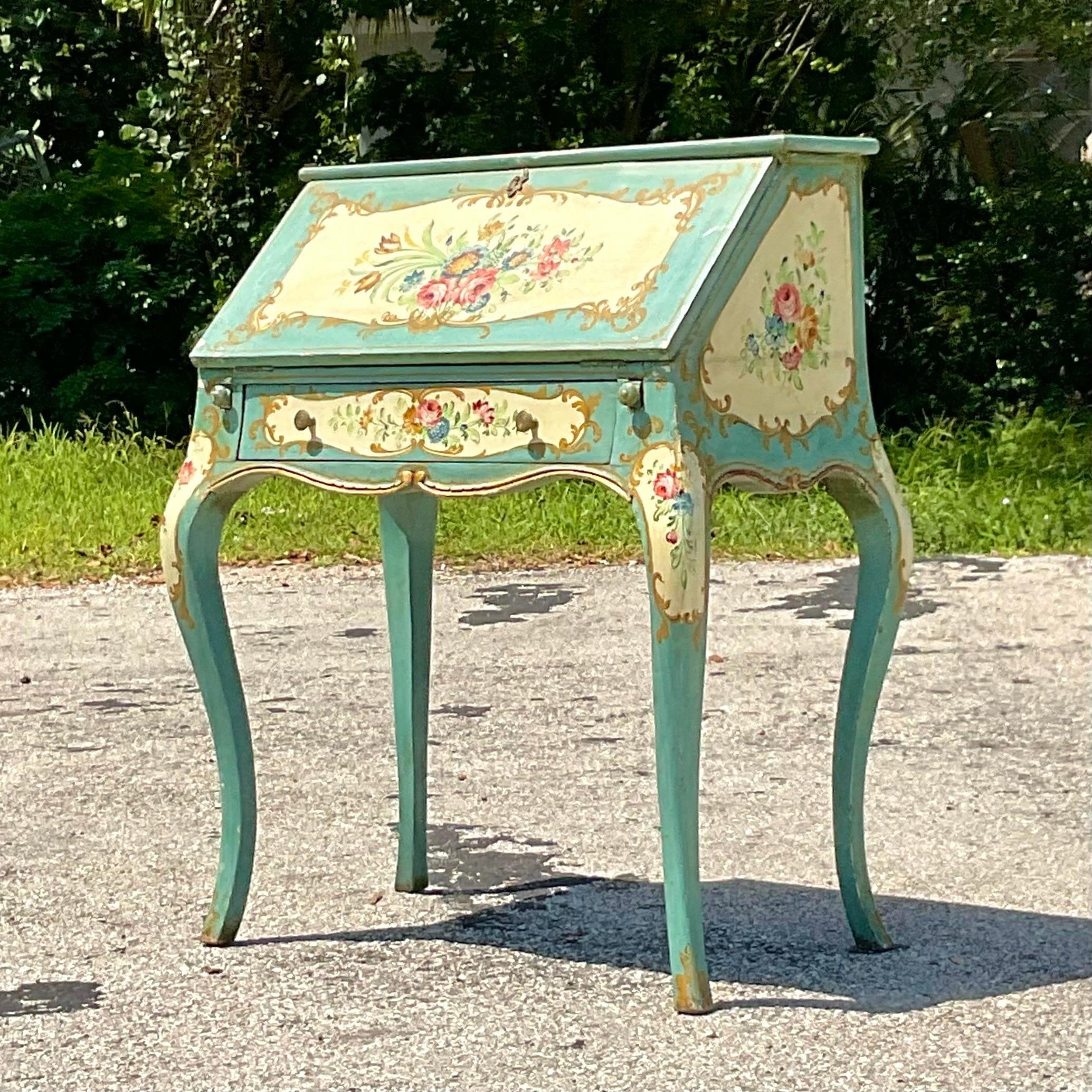 Late 19th Century Vintage Regency Hand Painted Floral Writing Desk and Chair In Good Condition For Sale In west palm beach, FL