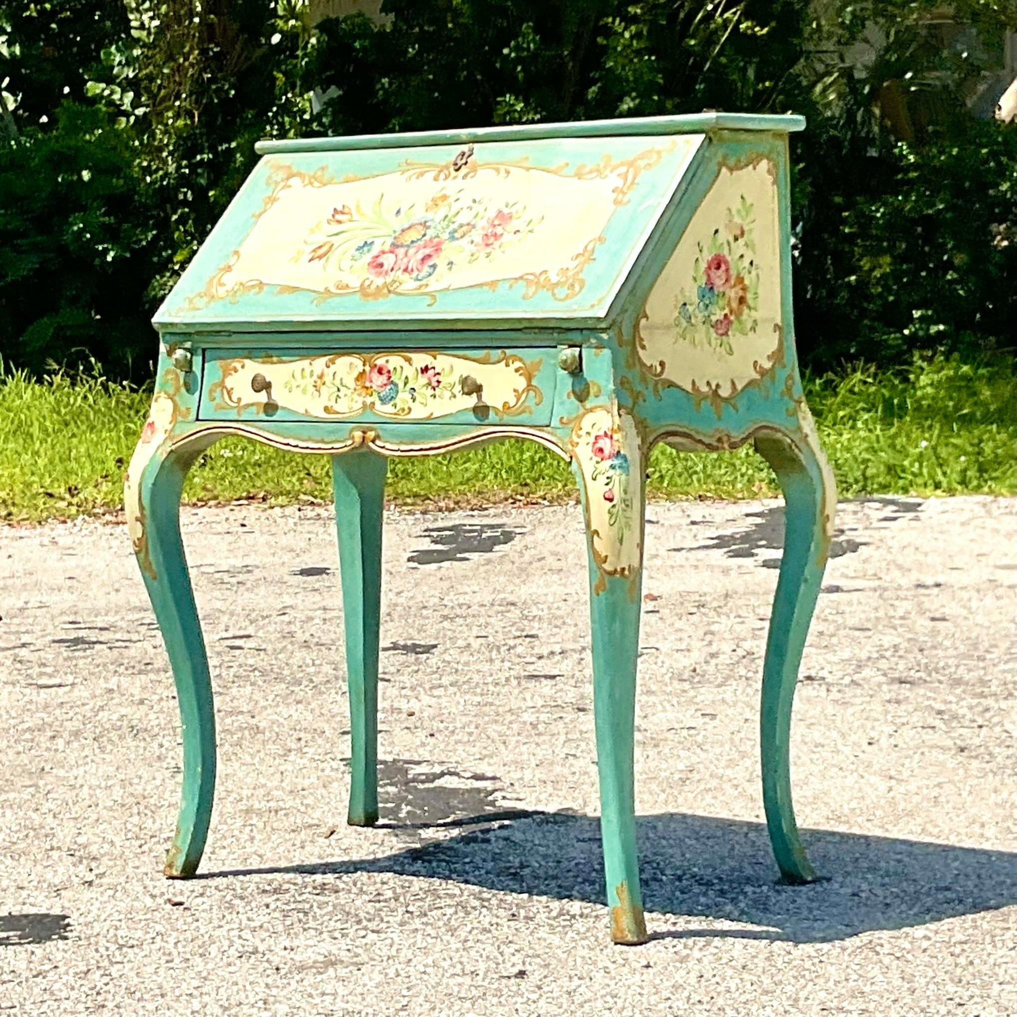 Wood Late 19th Century Vintage Regency Hand Painted Floral Writing Desk and Chair For Sale