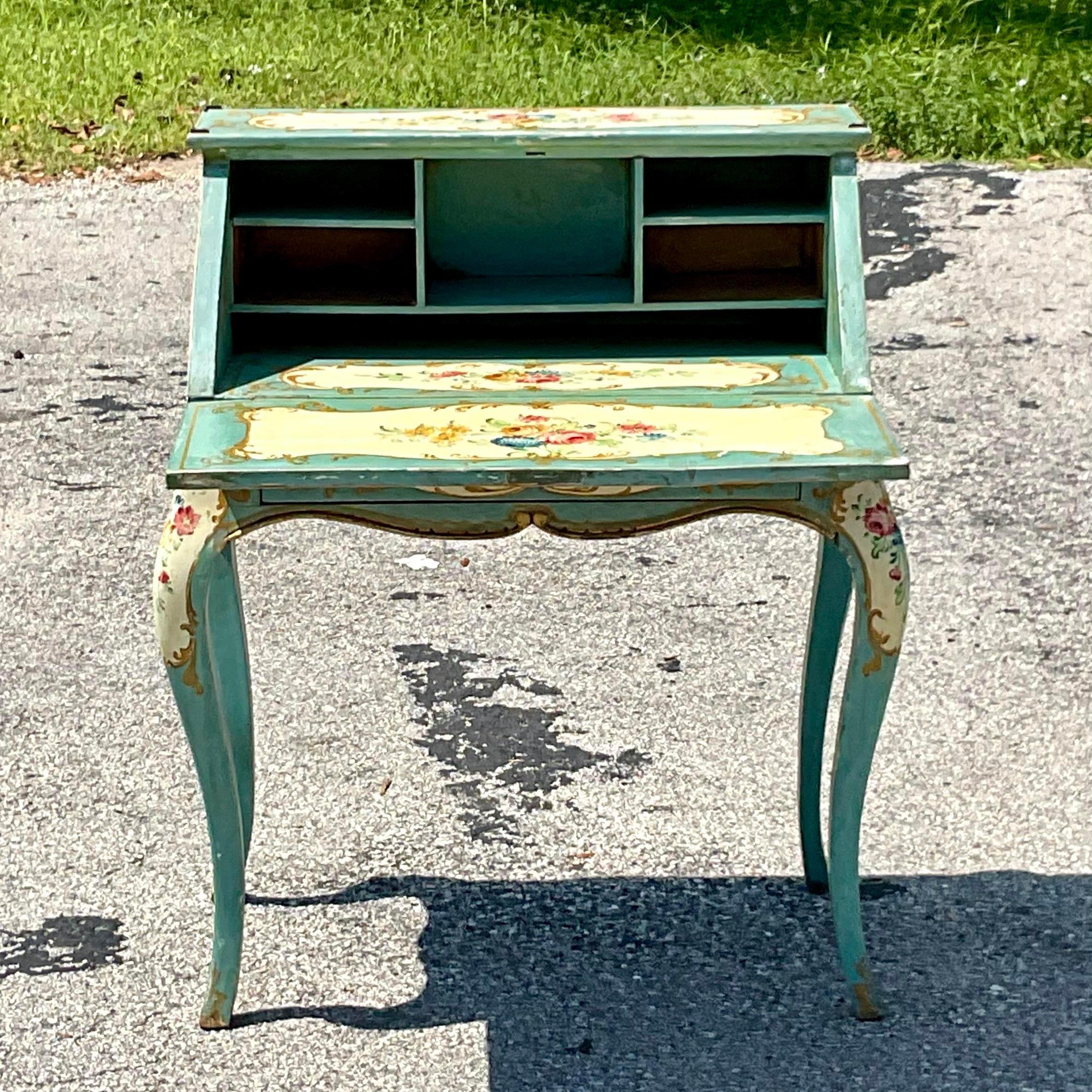 Late 19th Century Vintage Regency Hand Painted Floral Writing Desk and Chair For Sale 2