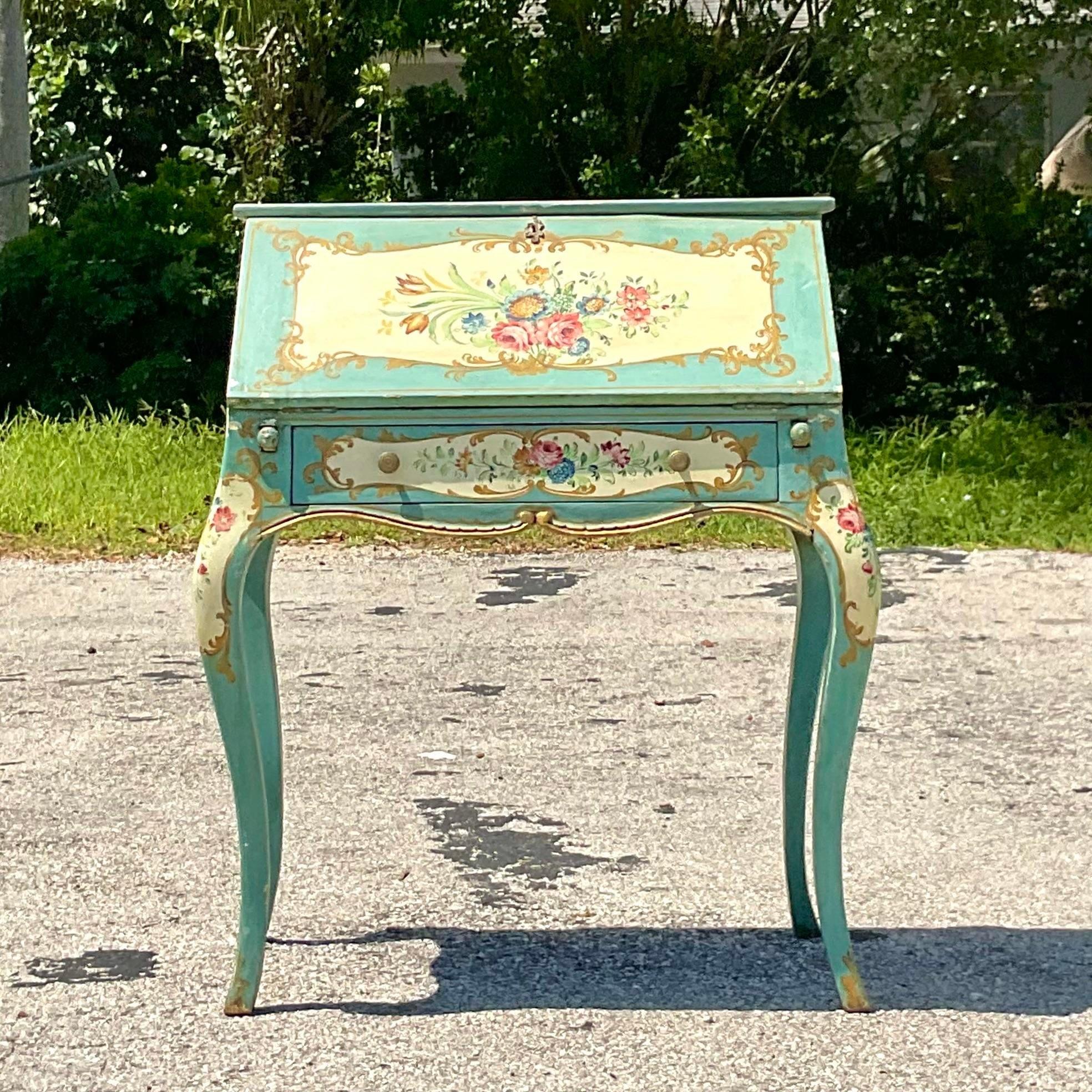 Late 19th Century Vintage Regency Hand Painted Floral Writing Desk and Chair For Sale 4