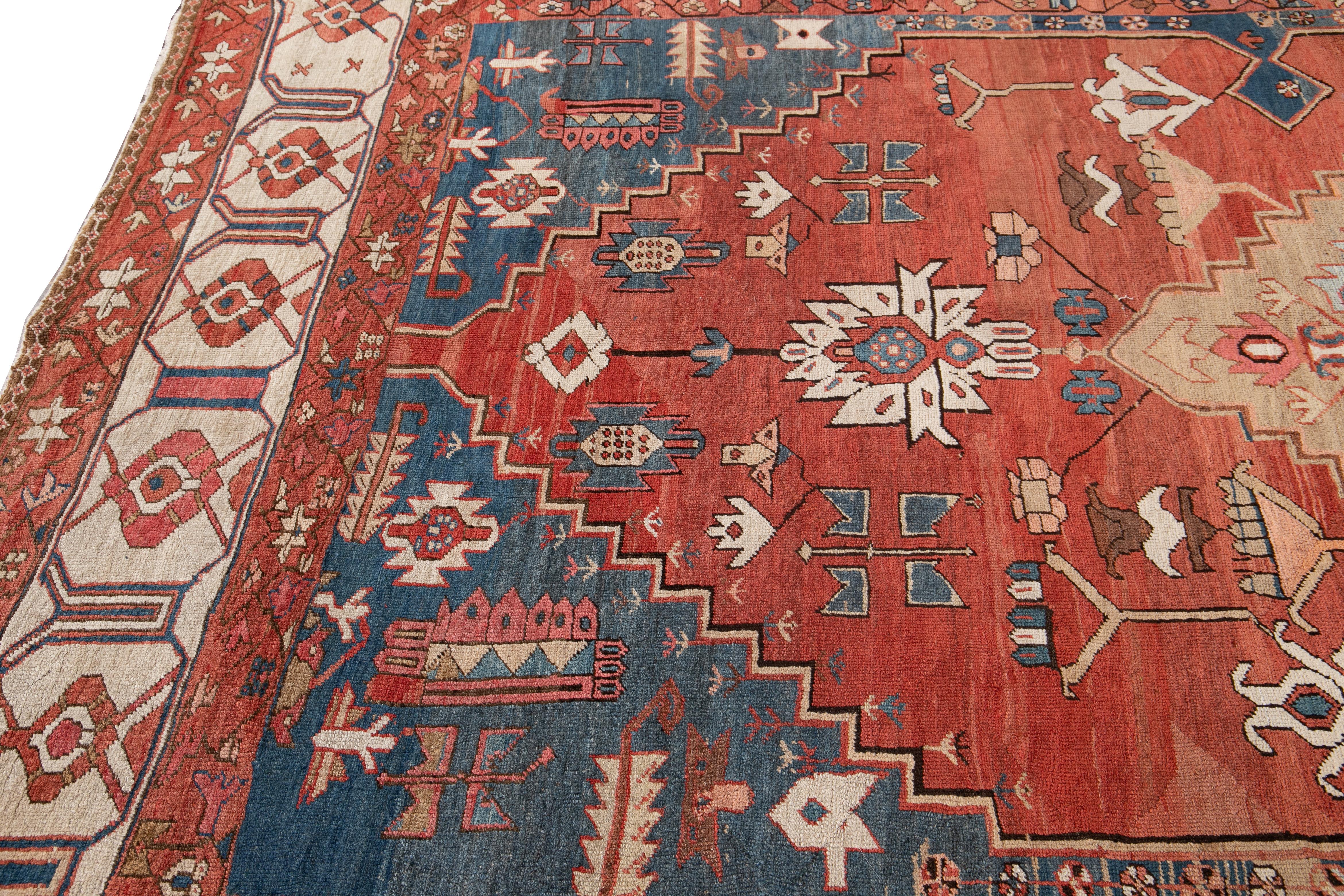 Hand-Knotted Late 19th Century Red Vintage Serapi Handmade Wool Rug For Sale