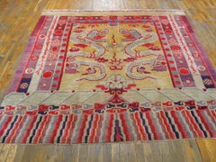 1890s Yellow DragonQing Antique Chinese Ningxia Banner Carpet 6'9"x7'3" Wool Rug