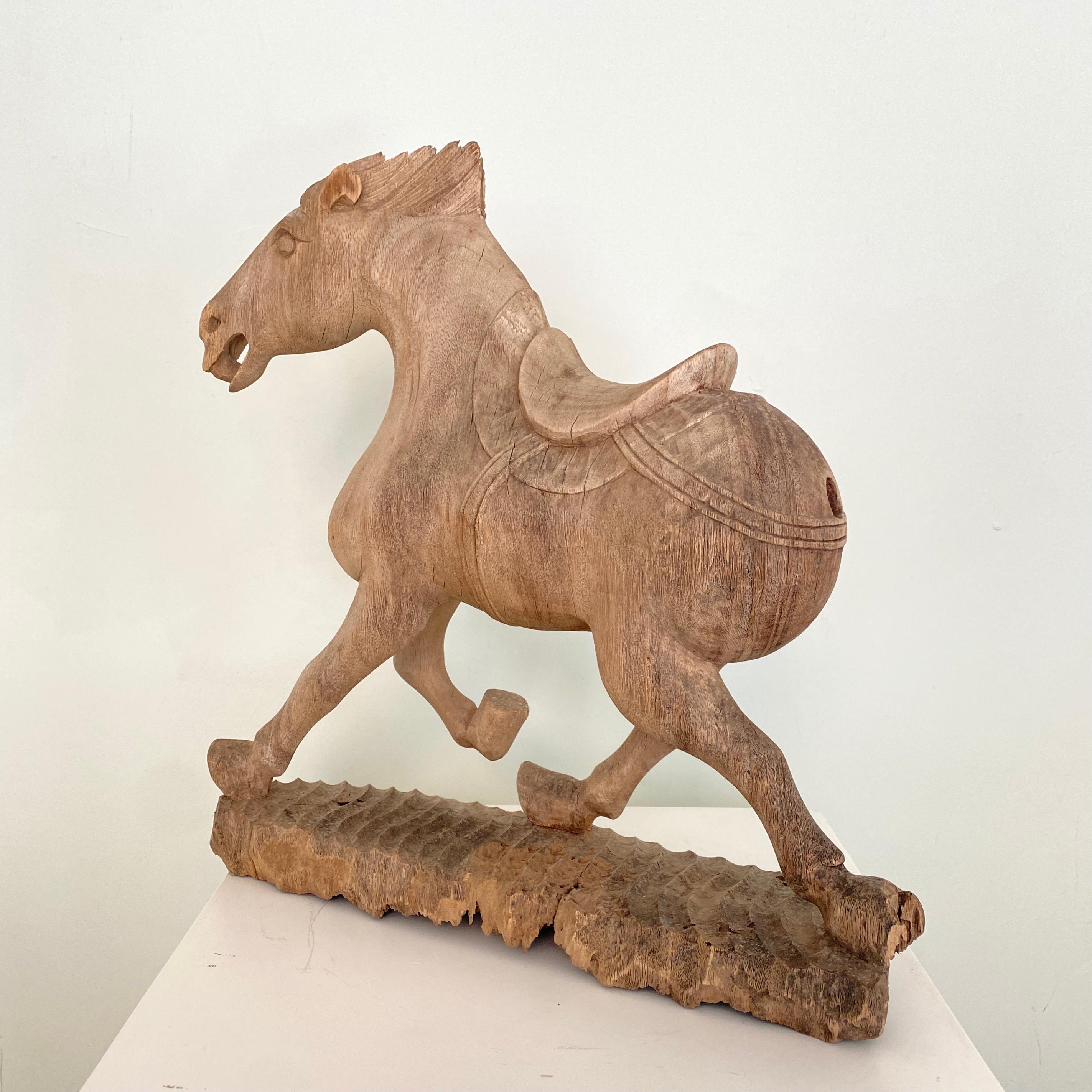 Late 19th Century Wabi Sabi Chinese Carved Wooden Tang Horse, Around 1870 5