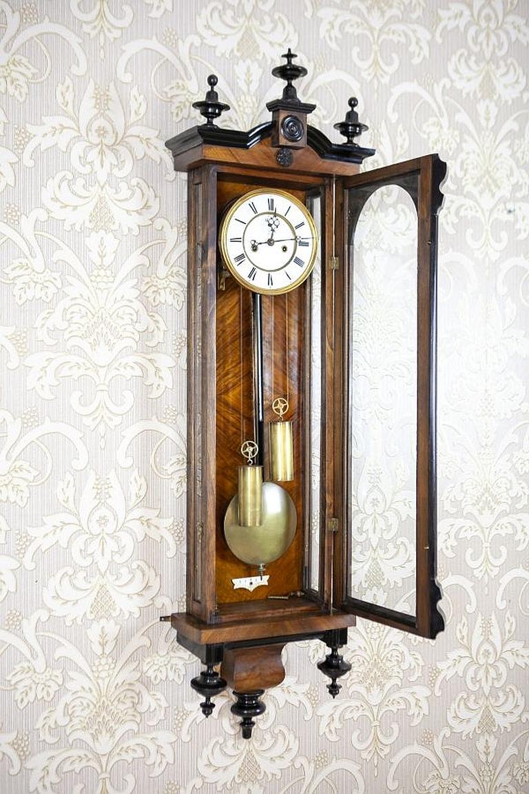 European Late-19th Century Wall Clock with Brass Elements in Walnut Case For Sale