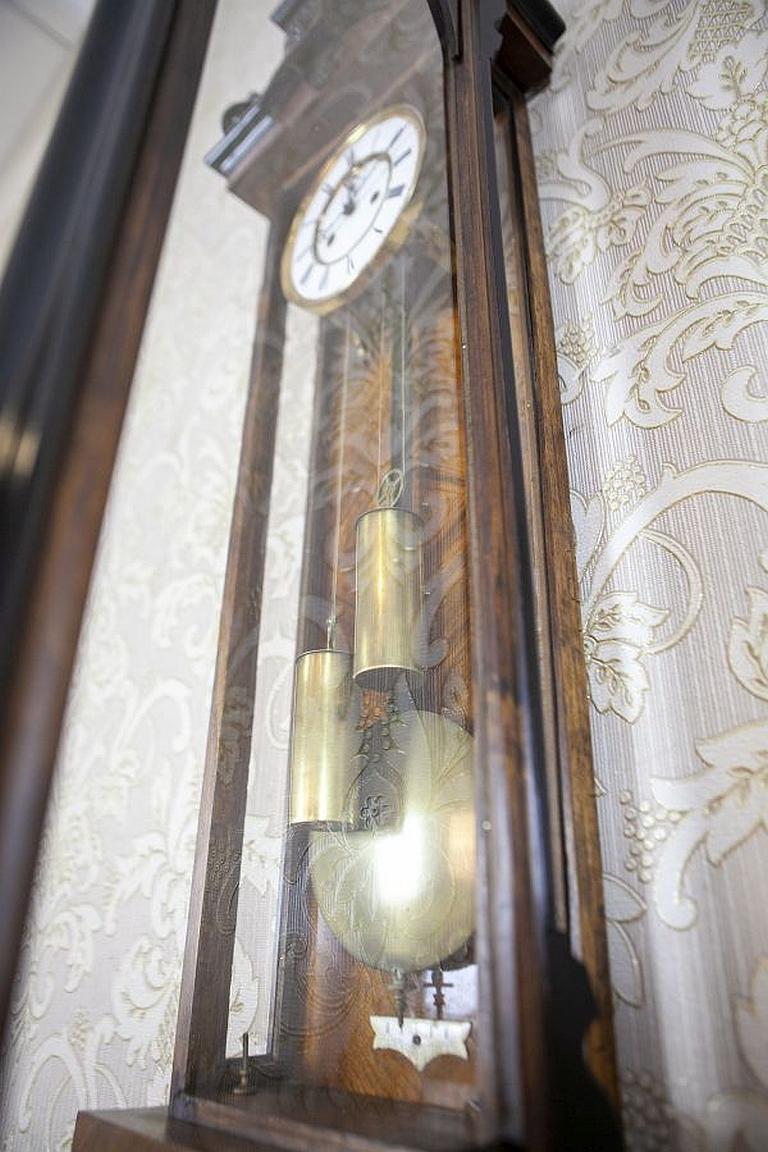European Late-19th Century Wall Clock with Brass Elements in Walnut Case For Sale